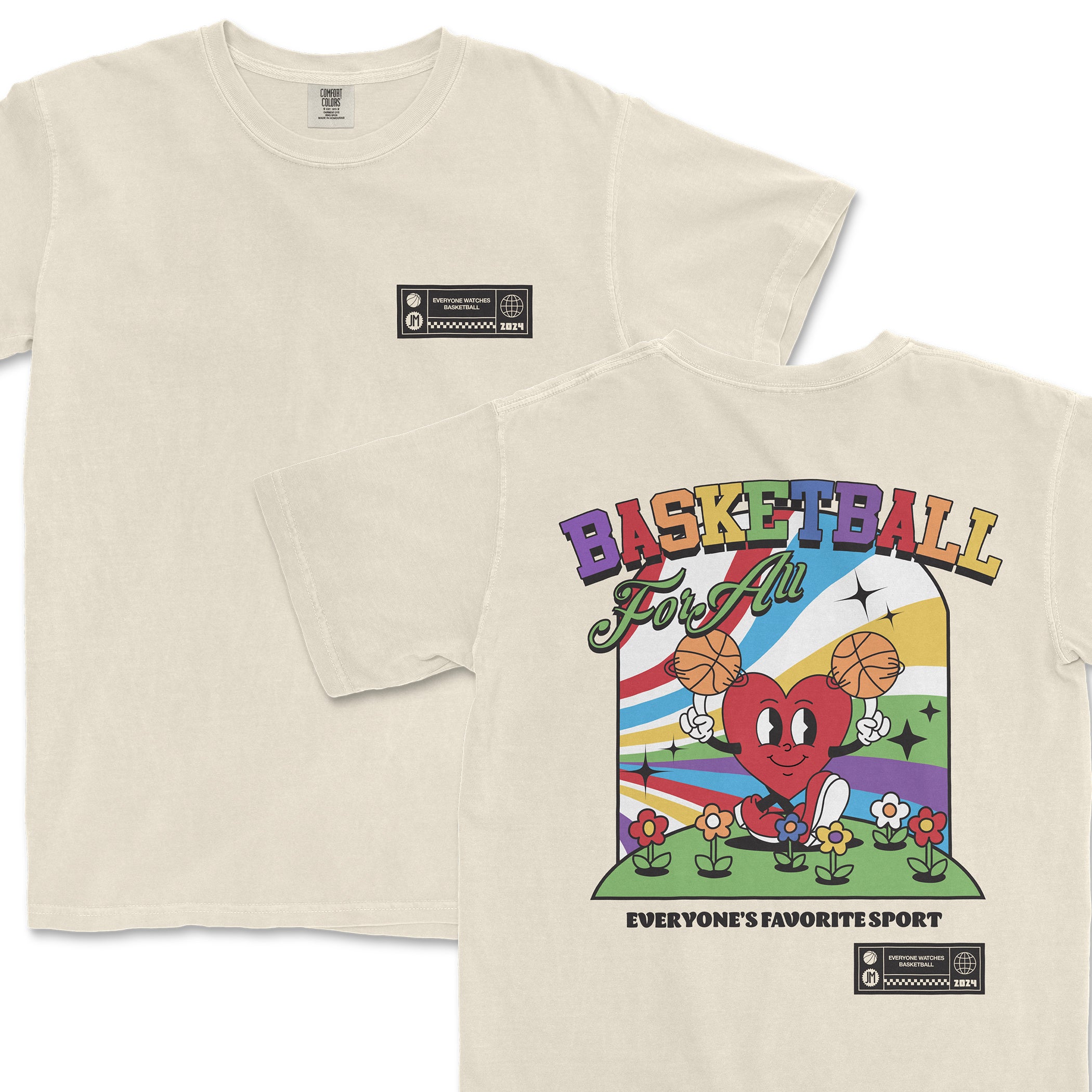 Beige Comfort Colors T-shirt featuring colorful "Basketball For All" graphic with a heart character holding basketballs, vibrant rainbow background.