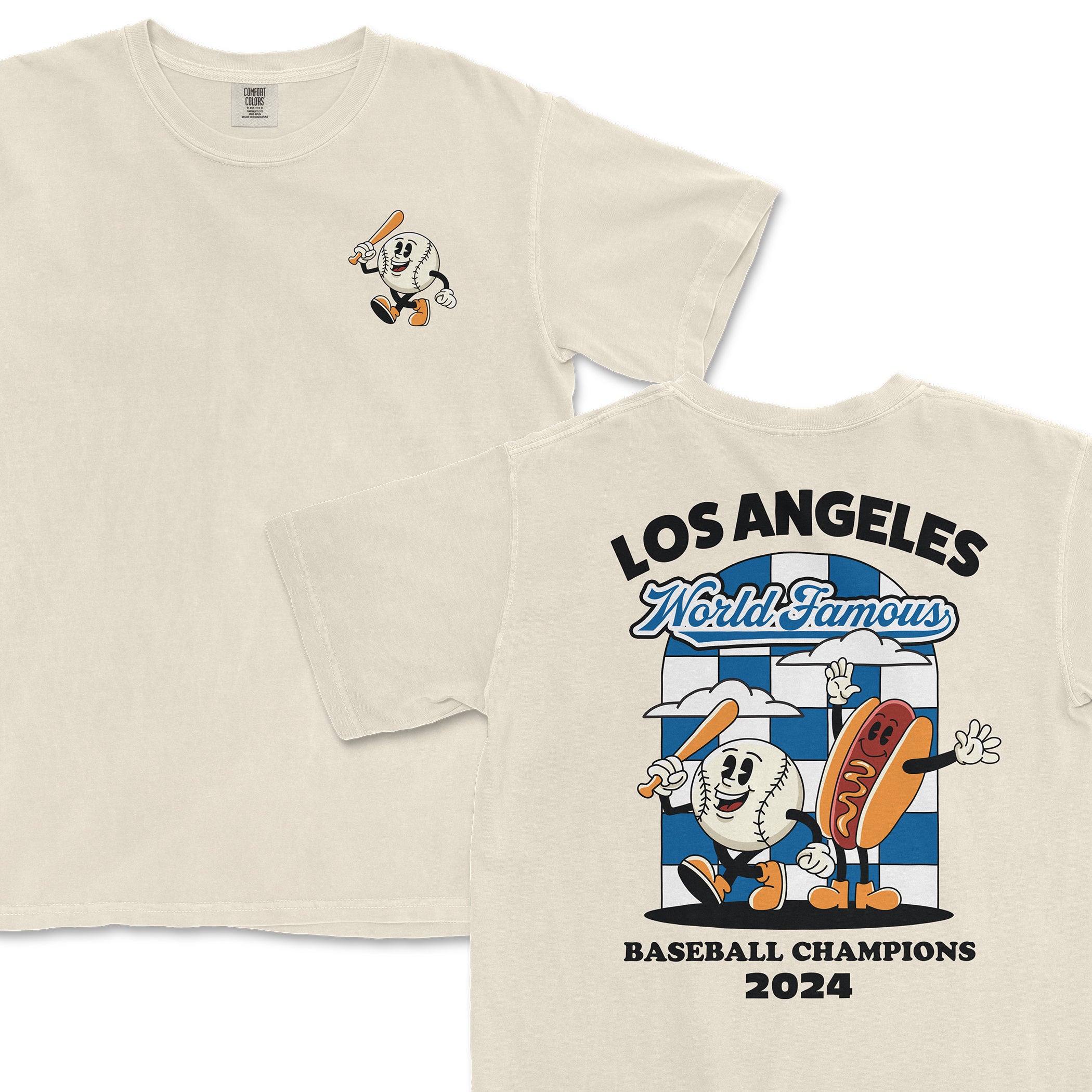 Beige T-shirt featuring a cartoon baseball character with a bat and hot dog, celebrating Los Angeles' 2024 World Famous Baseball Champions.