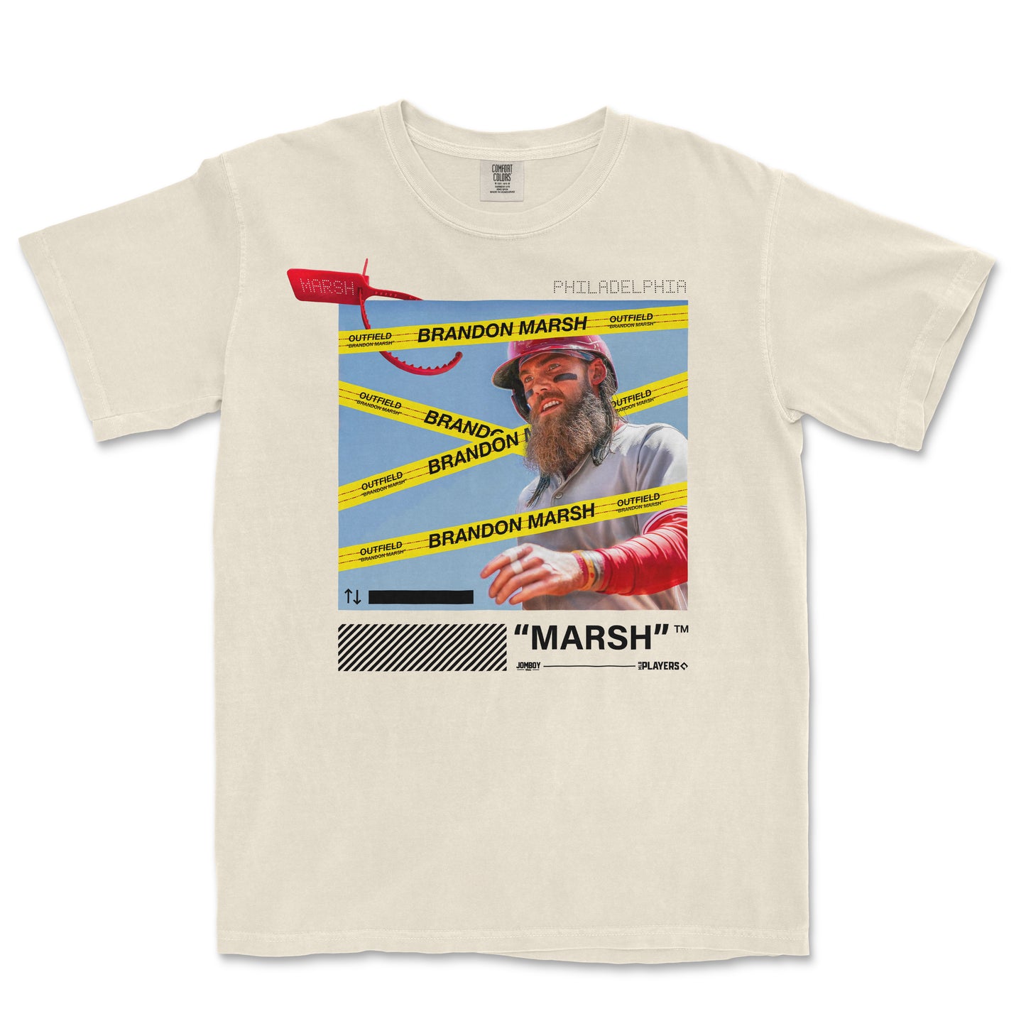 Off-white Comfort Colors T-shirt featuring a graphic of Brandon Marsh with yellow "Outfield" tape, red accents, and bold text.