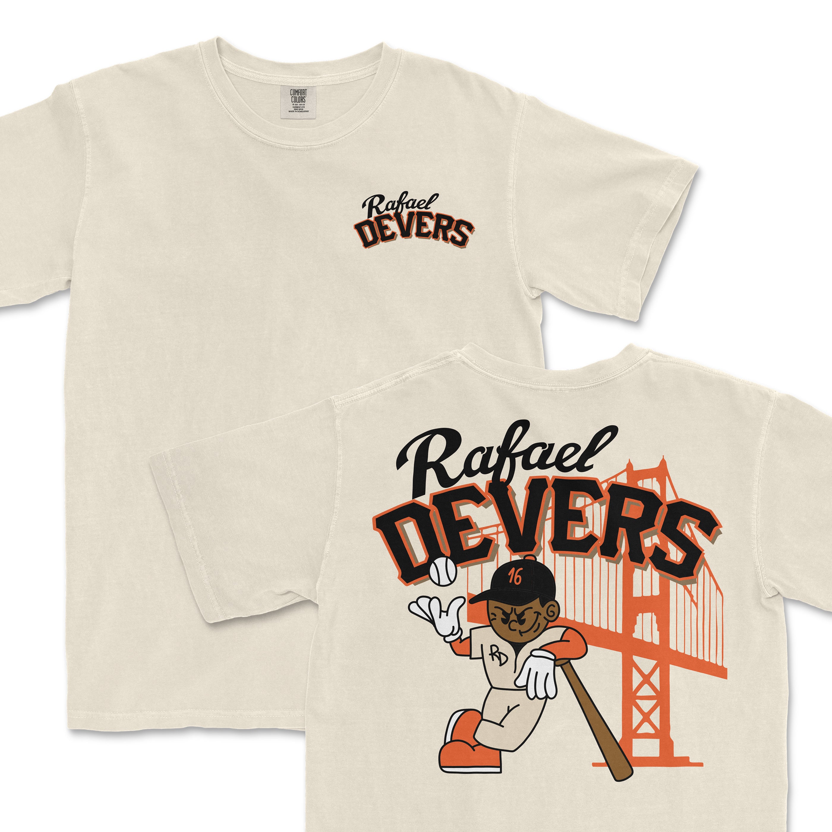 Rafael Devers summer cartoon t-shirt featuring a playful design with Devers and a city skyline backdrop.