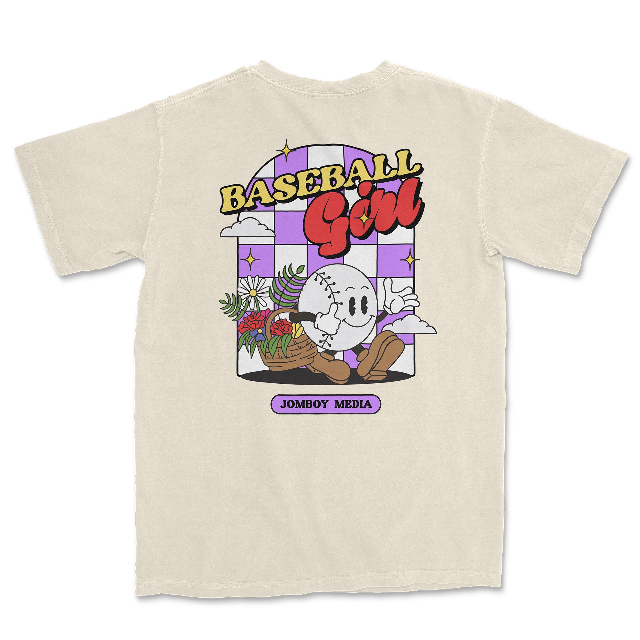 Comfort Colors tee featuring a cartoon baseball girl holding flowers, with "Baseball Girl" text and "JomboY Media" label.