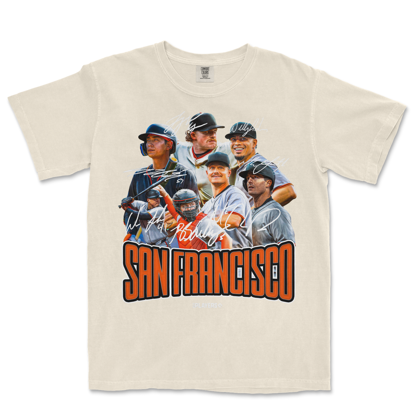Cream-colored SF Signature Series T-shirt featuring a collage of signed images of baseball players and "San Francisco" text.