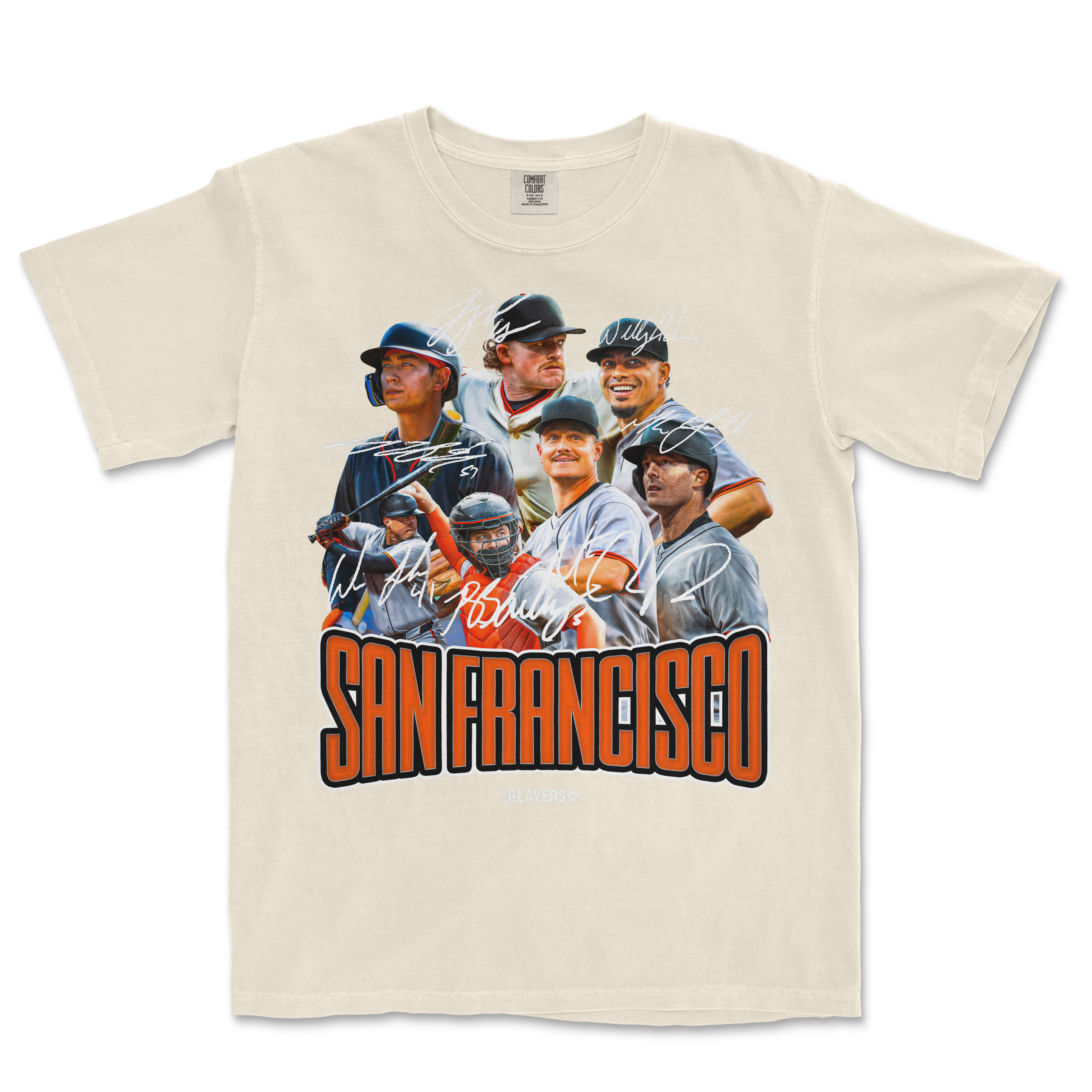 Cream-colored SF Signature Series T-shirt featuring a collage of signed images of baseball players and "San Francisco" text.