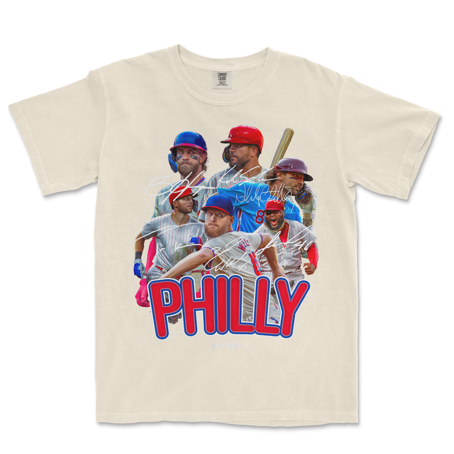 T-shirt featuring a collage of baseball players, signatures, and the bold text "PHILLY" in red and blue, celebrating Philadelphia baseball.