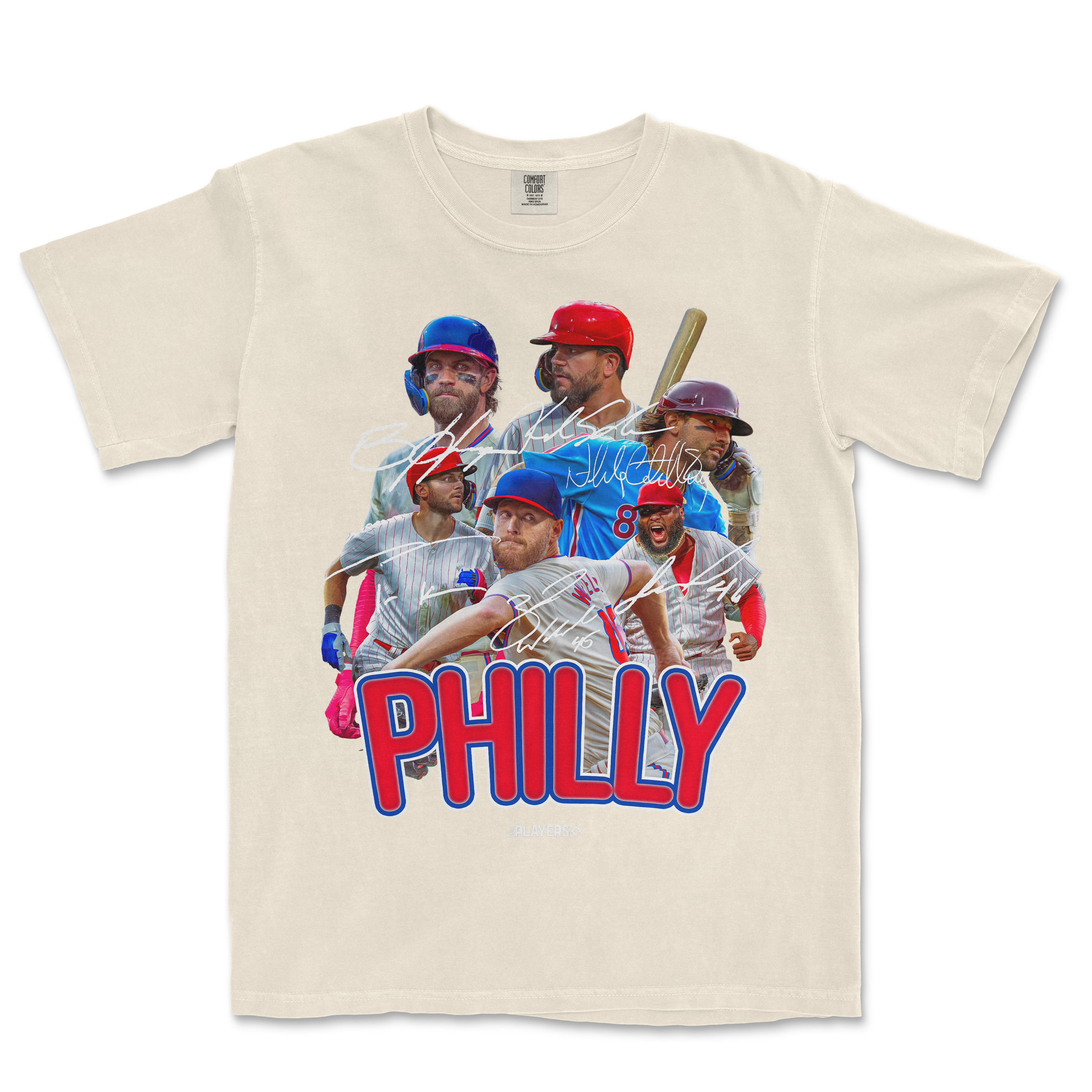T-shirt featuring a collage of baseball players, signatures, and the bold text "PHILLY" in red and blue, celebrating Philadelphia baseball.