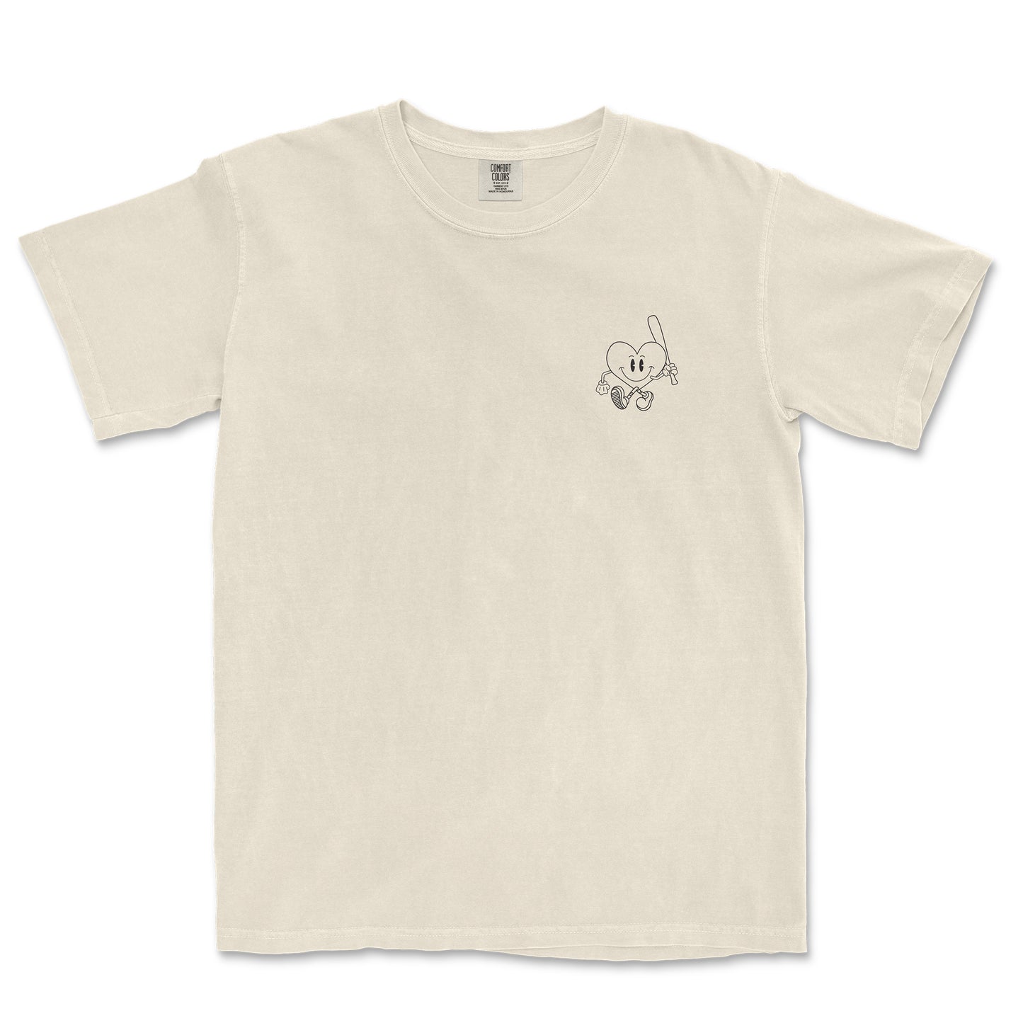 Beige Comfort Colors T-shirt featuring a small, black line drawing of a smiling heart character holding a fishing rod on the front.