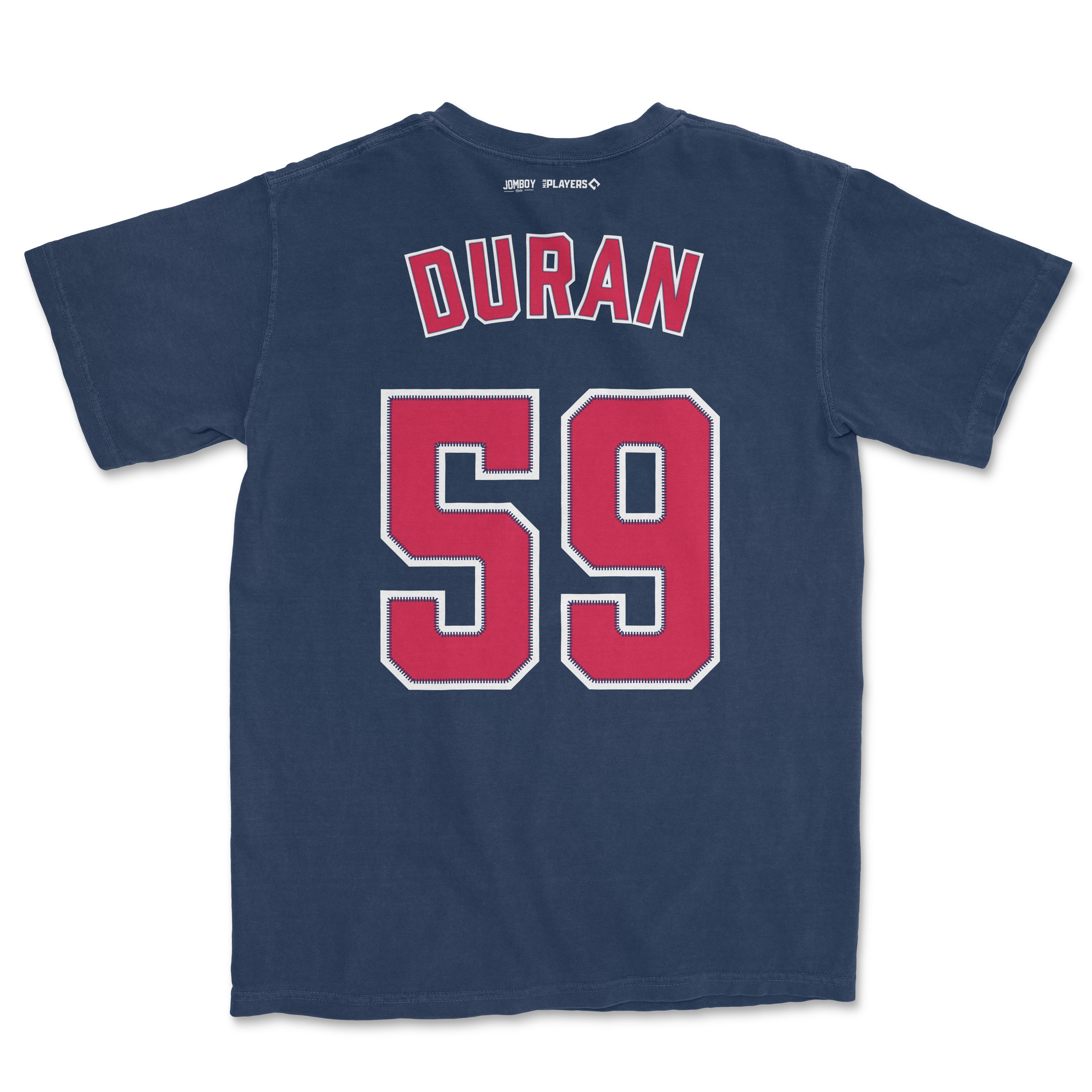 Back of navy Comfort Colors tee featuring "Duran 59" in red and white, with small "Jhoan Duran Shirsey" text at the top.