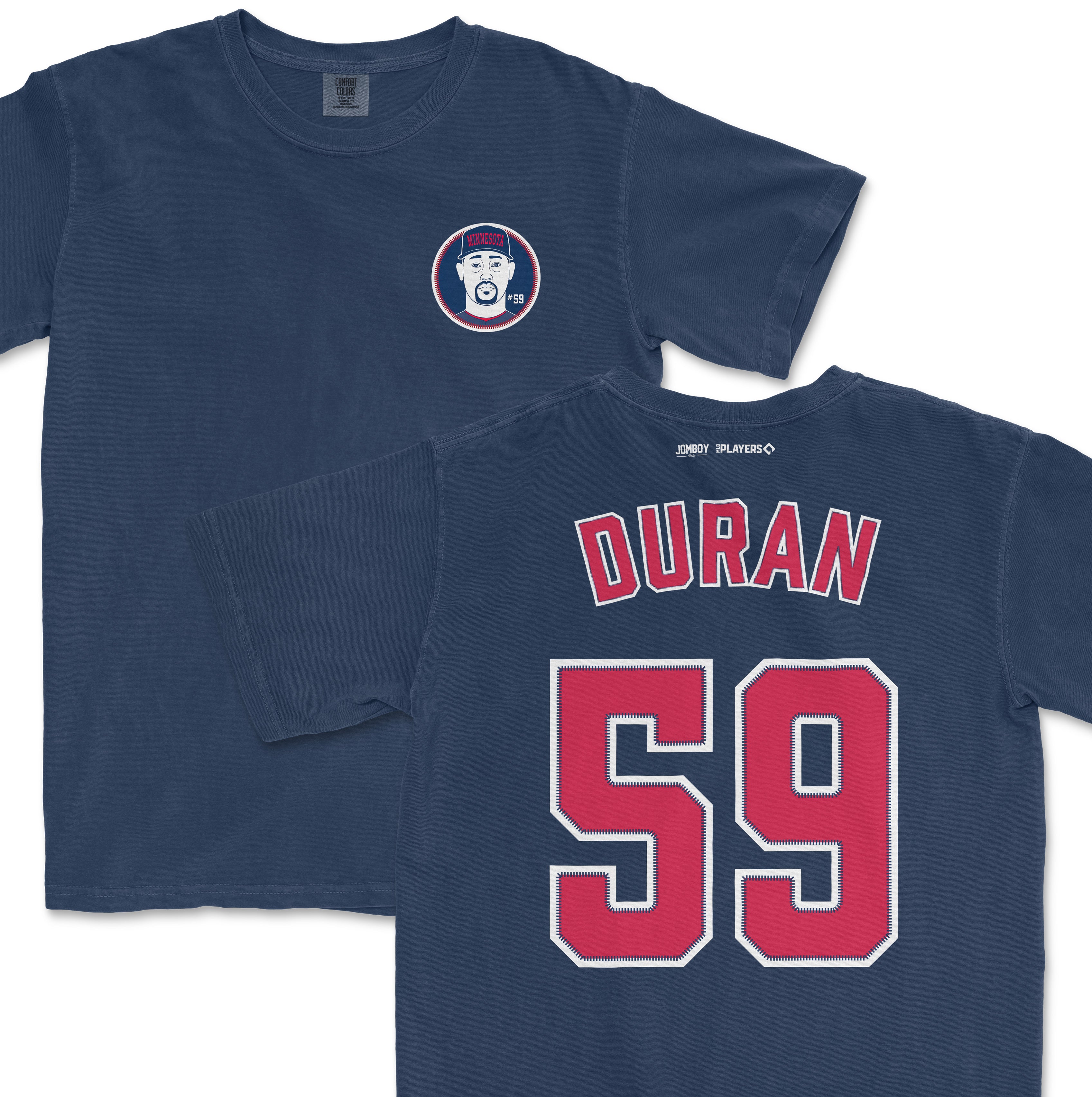 Navy Comfort Colors tee featuring a Minnesota Twins-themed design with "Duran" and the number 59 on the back, and a logo patch on the front.