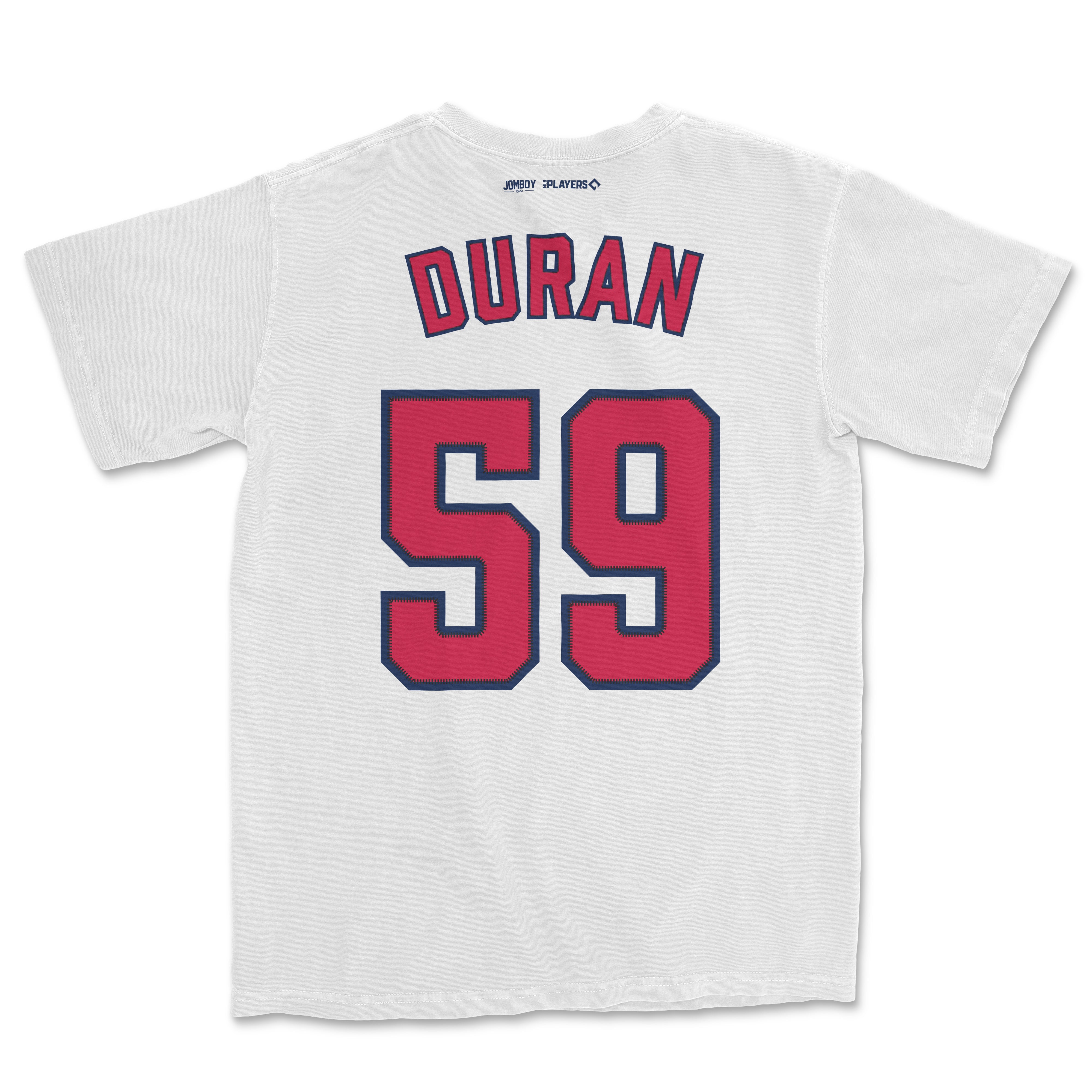 White Comfort Colors tee featuring "Duran" and the number 59 in red and navy, with small logos at the top back.