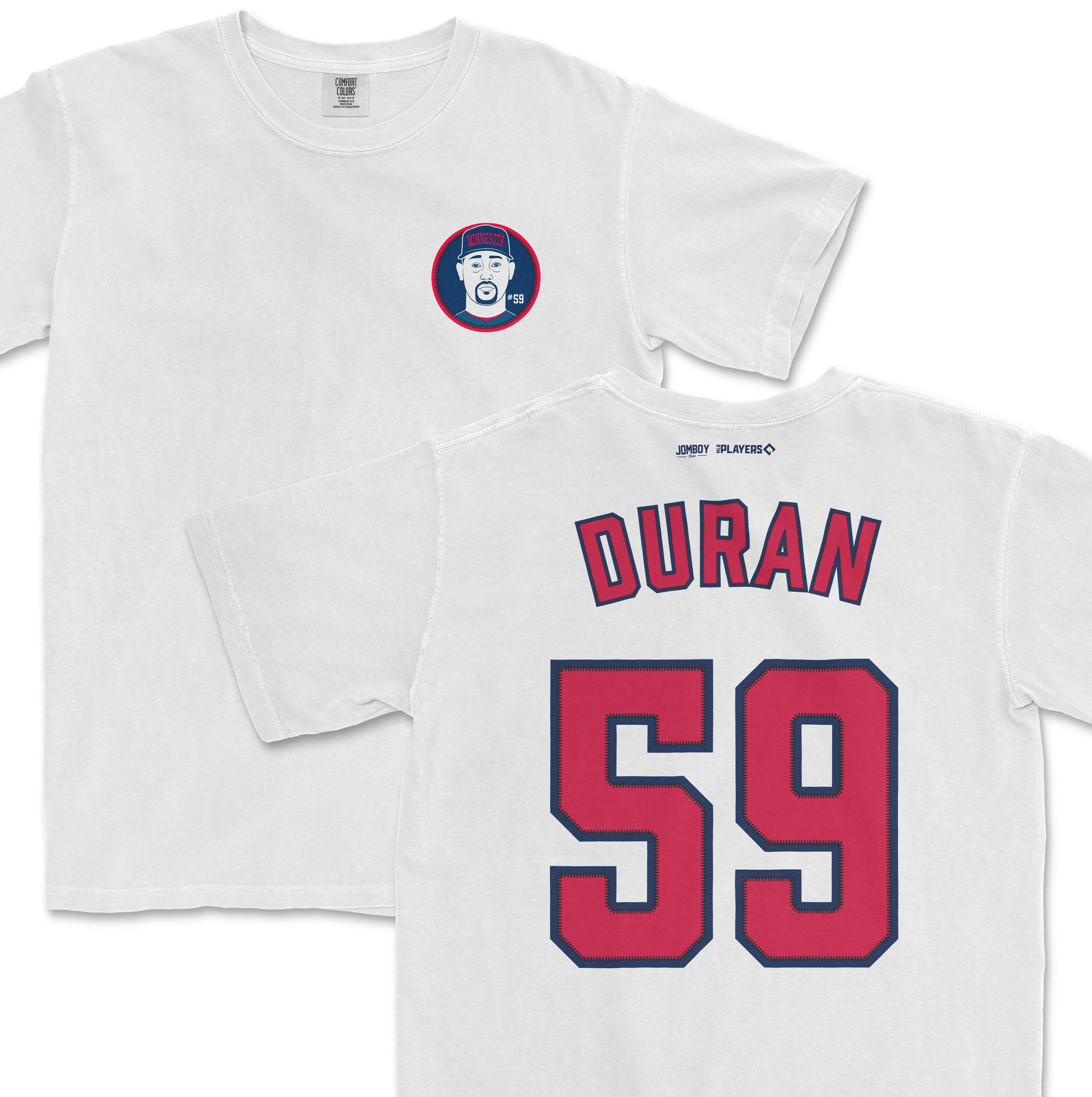 White Comfort Colors tee featuring a Minnesota Twins-themed design with "DURAN" and the number 59 on the back, and a face illustration on the front.