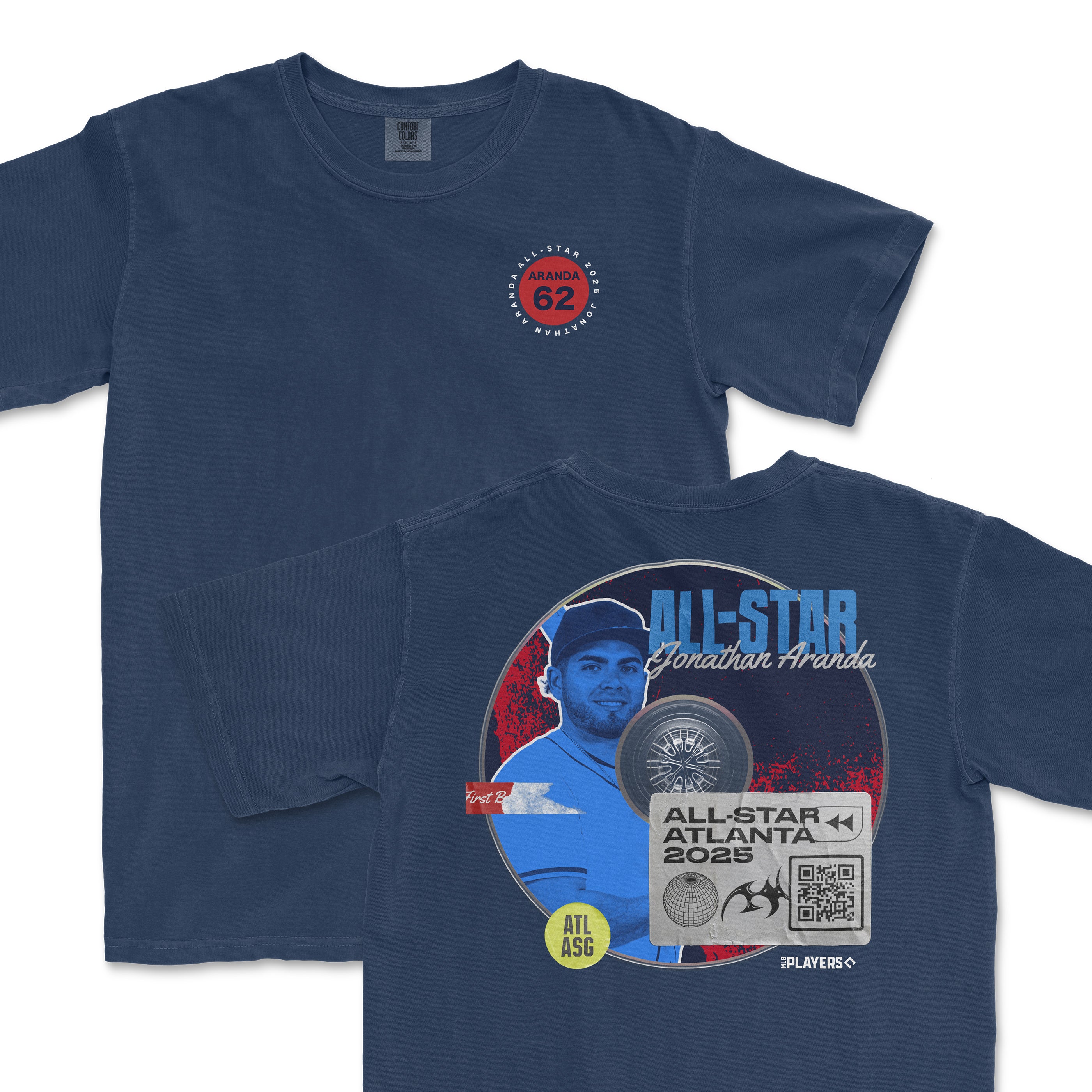 Navy t-shirt featuring Jonathan Aranda's All-Star 2025 graphic with a player image and event details on the back.