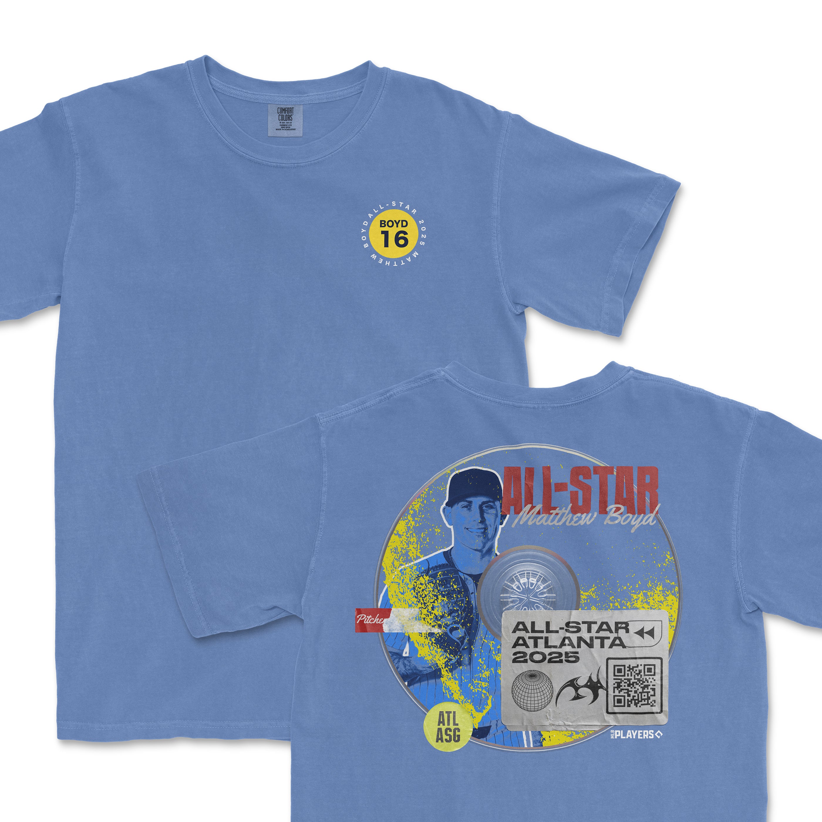 Light blue t-shirt featuring Matthew Boyd's All-Star 2025 graphic, with a circular design and player details on the back.