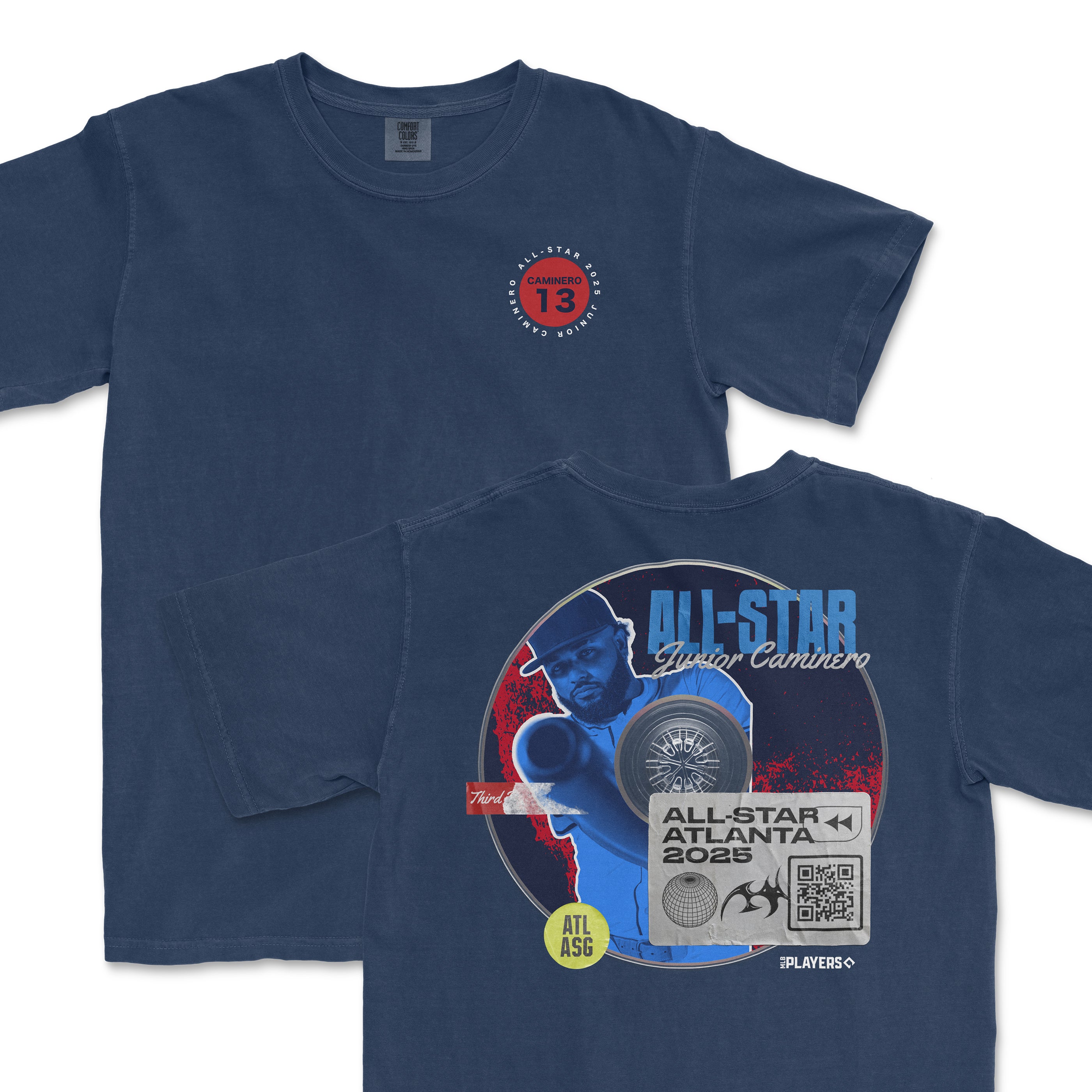 Navy t-shirt featuring Junior Caminero's All-Star 2025 graphic, showcasing a player design and event details on the back.