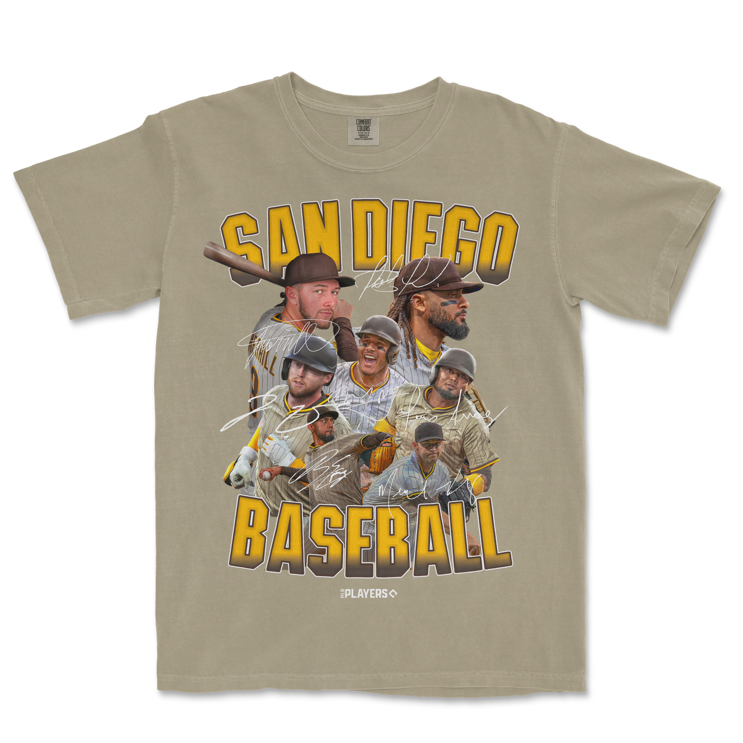 T-shirt featuring the SD Signature Series with images of baseball players, "San Diego Baseball" text, and autographed signatures.