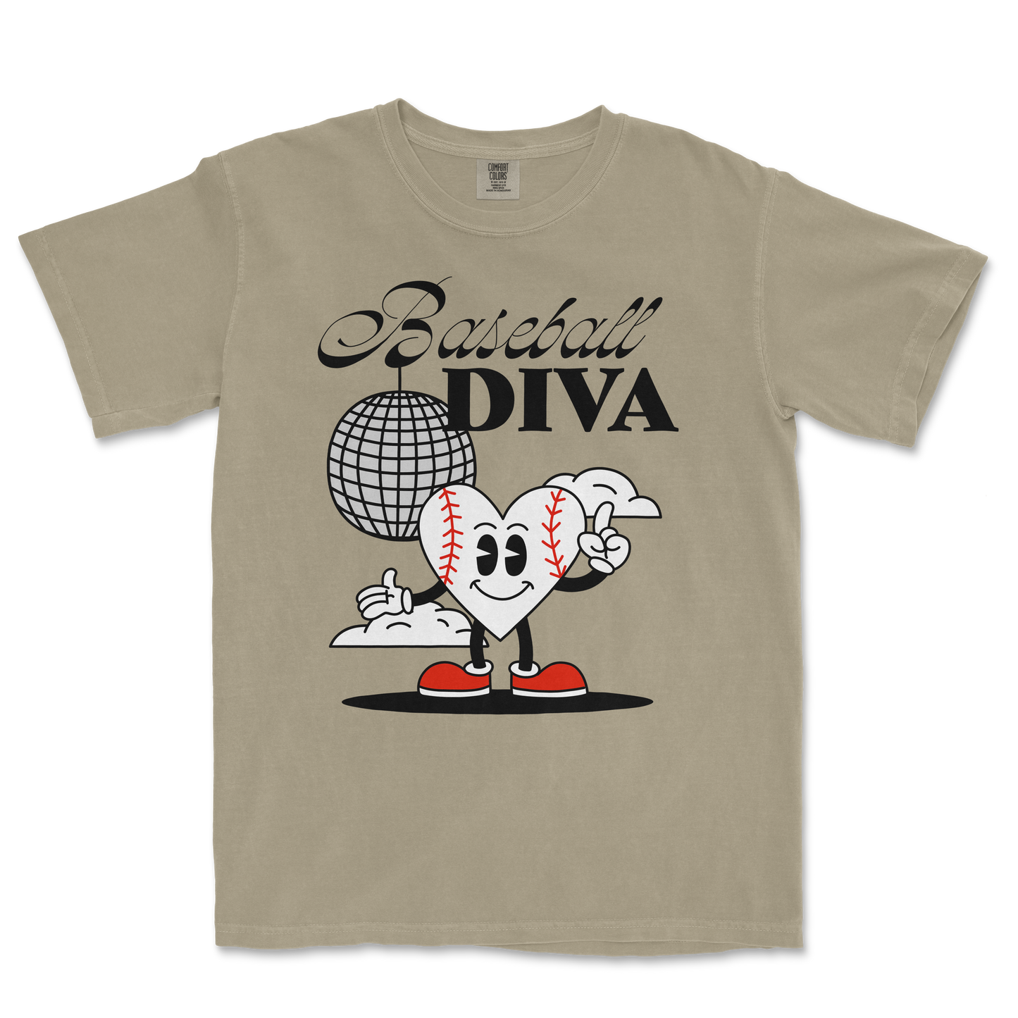 Beige Comfort Colors tee featuring a cartoon heart with baseball stitches, red shoes, and a finger gun, with "Baseball Diva" text.