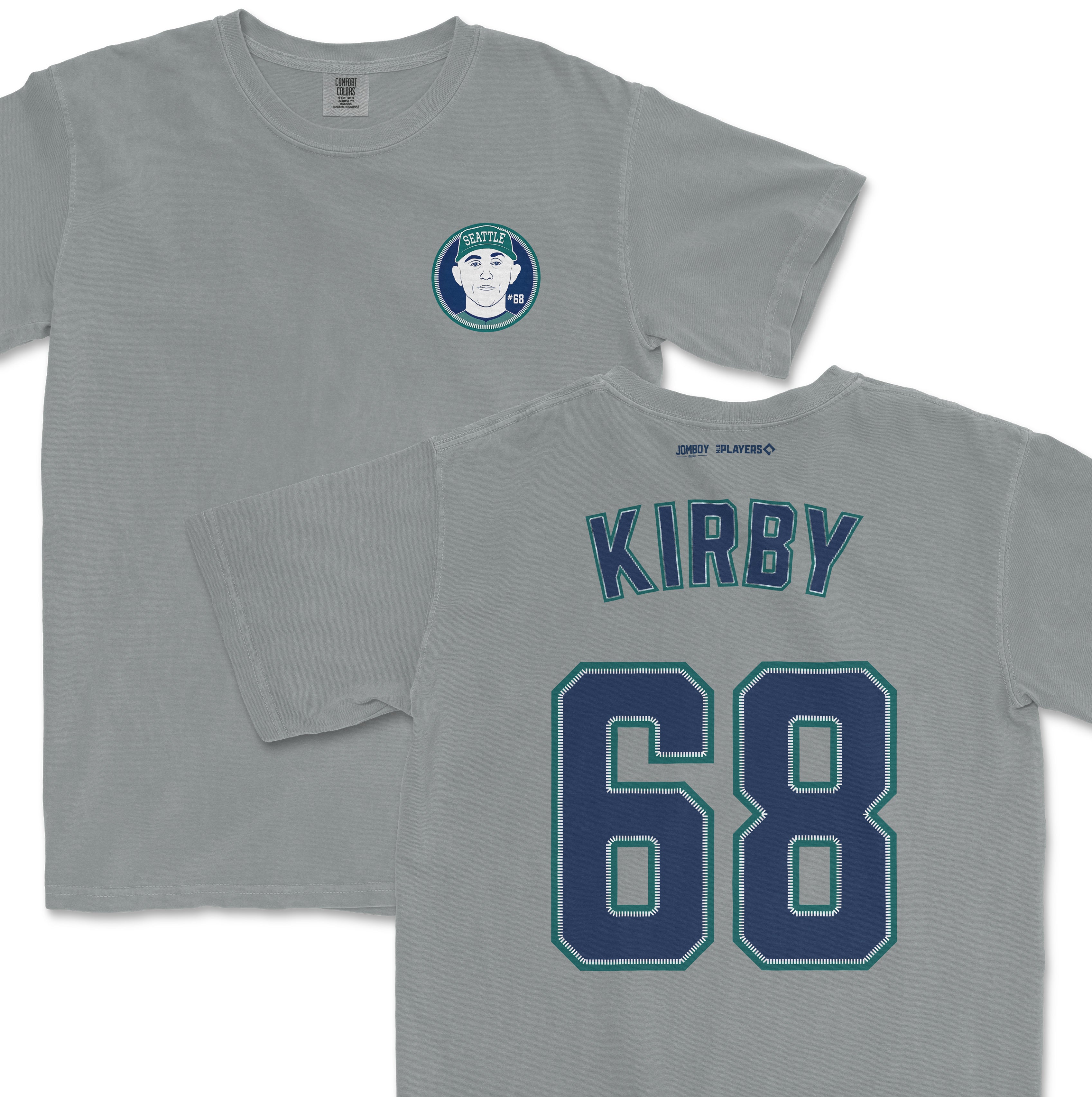 Gray Comfort Colors tee featuring a Seattle-themed graphic on the front and "Kirby 58" sports jersey-style print on the back.