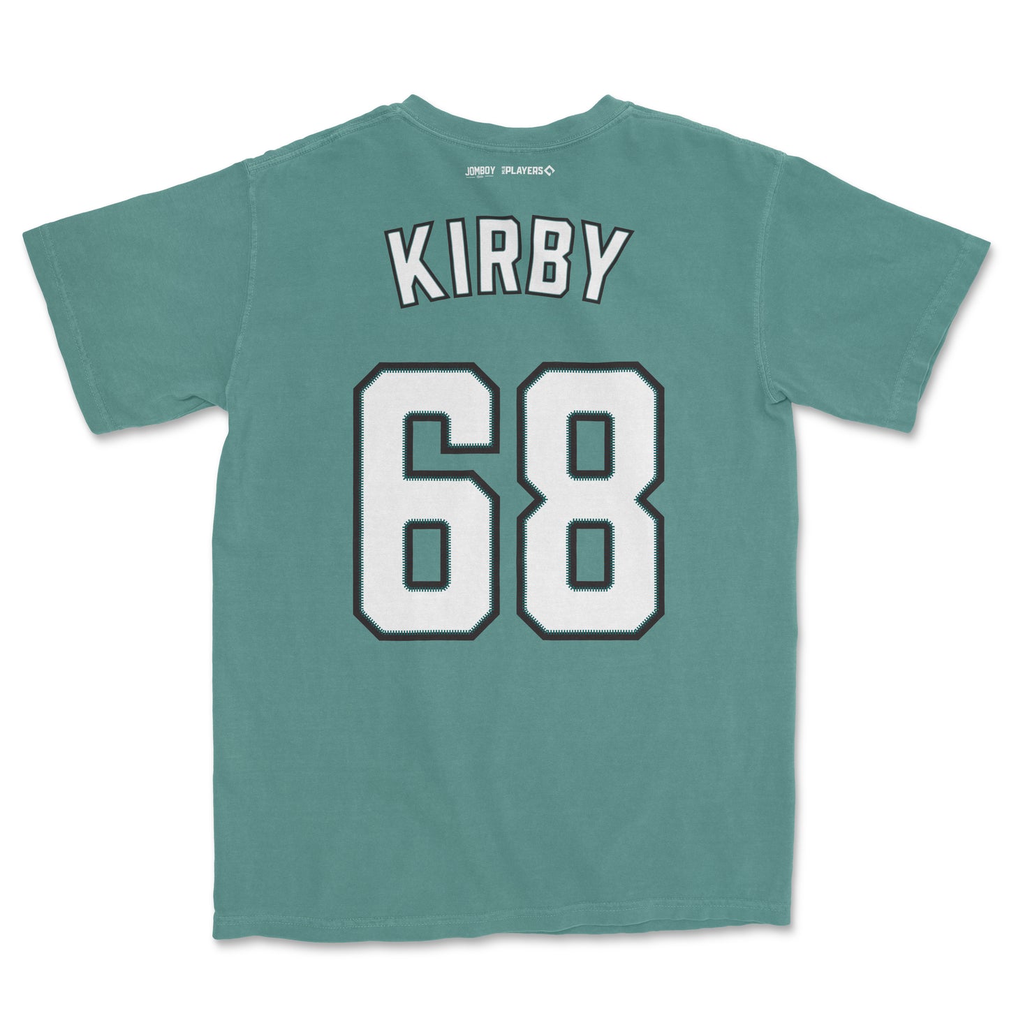 Back of a teal Comfort Colors tee featuring "Kirby" and the number "68" in large white and black outlined lettering.