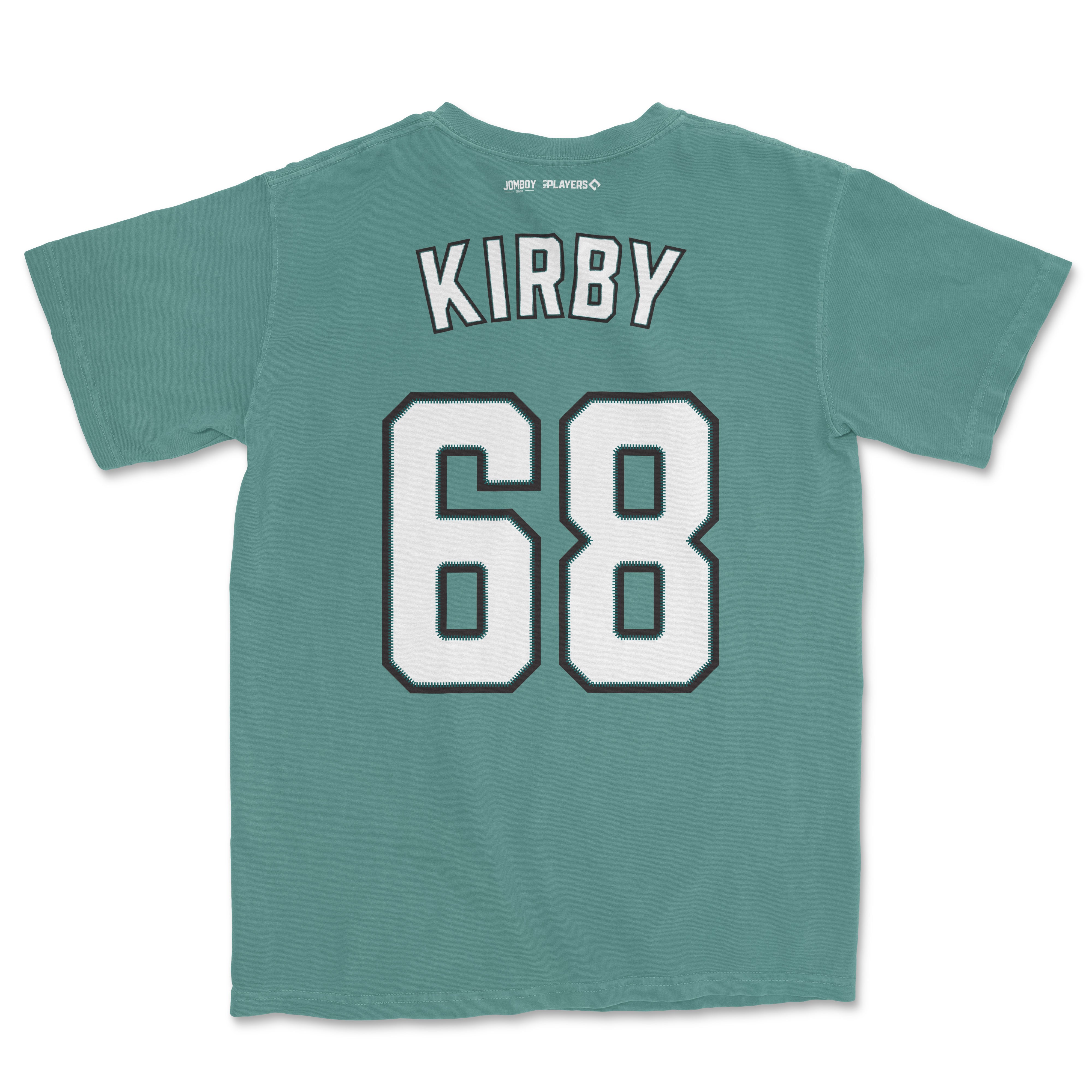 Back of a teal Comfort Colors tee featuring "Kirby" and the number "68" in large white and black outlined lettering.