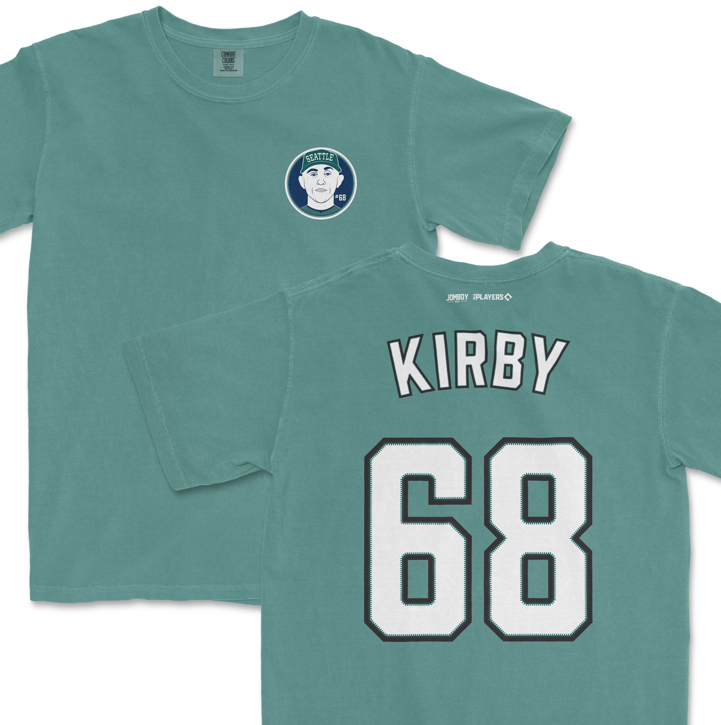 George Kirby sports-themed teal shirsey and tee, featuring his name, number 68, and a Seattle logo design.