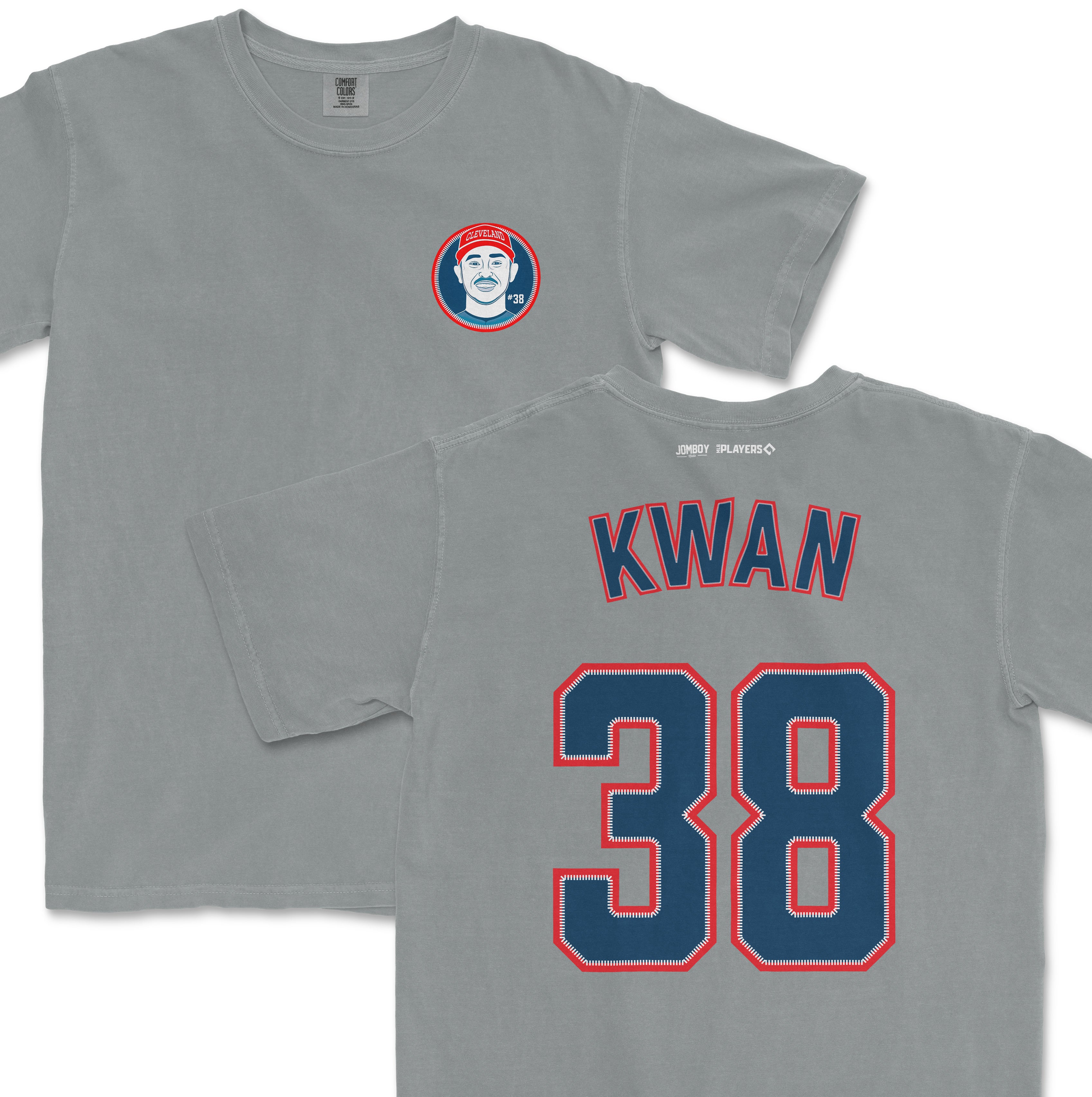 Gray Steven Kwan Cleveland Guardians baseball shirsey with KWAN and #38 on the back and a team logo on the front.