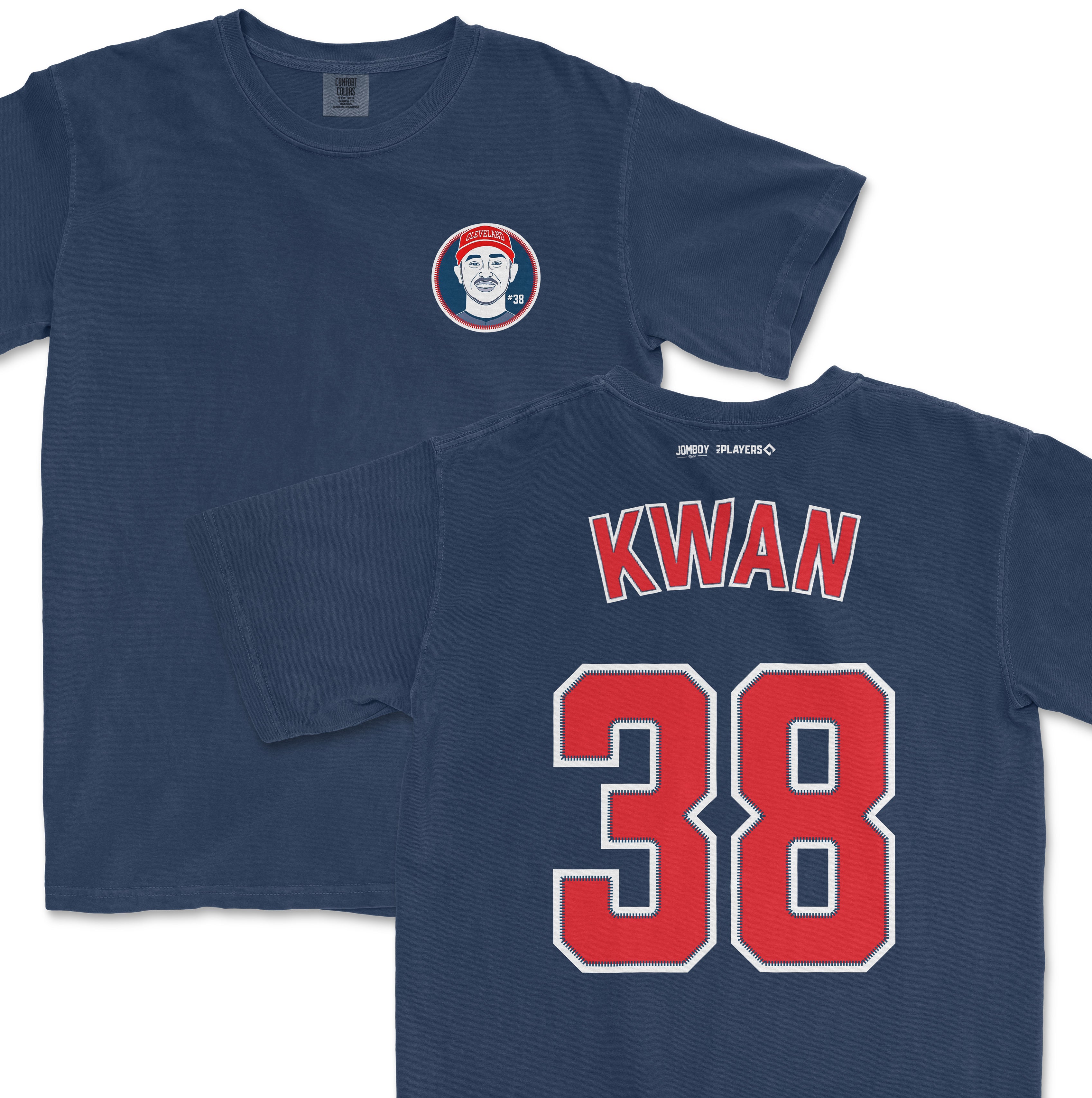 Navy blue Steven Kwan Cleveland Guardians jersey with red and white accents, featuring Kwan's name and number 38 on the back.