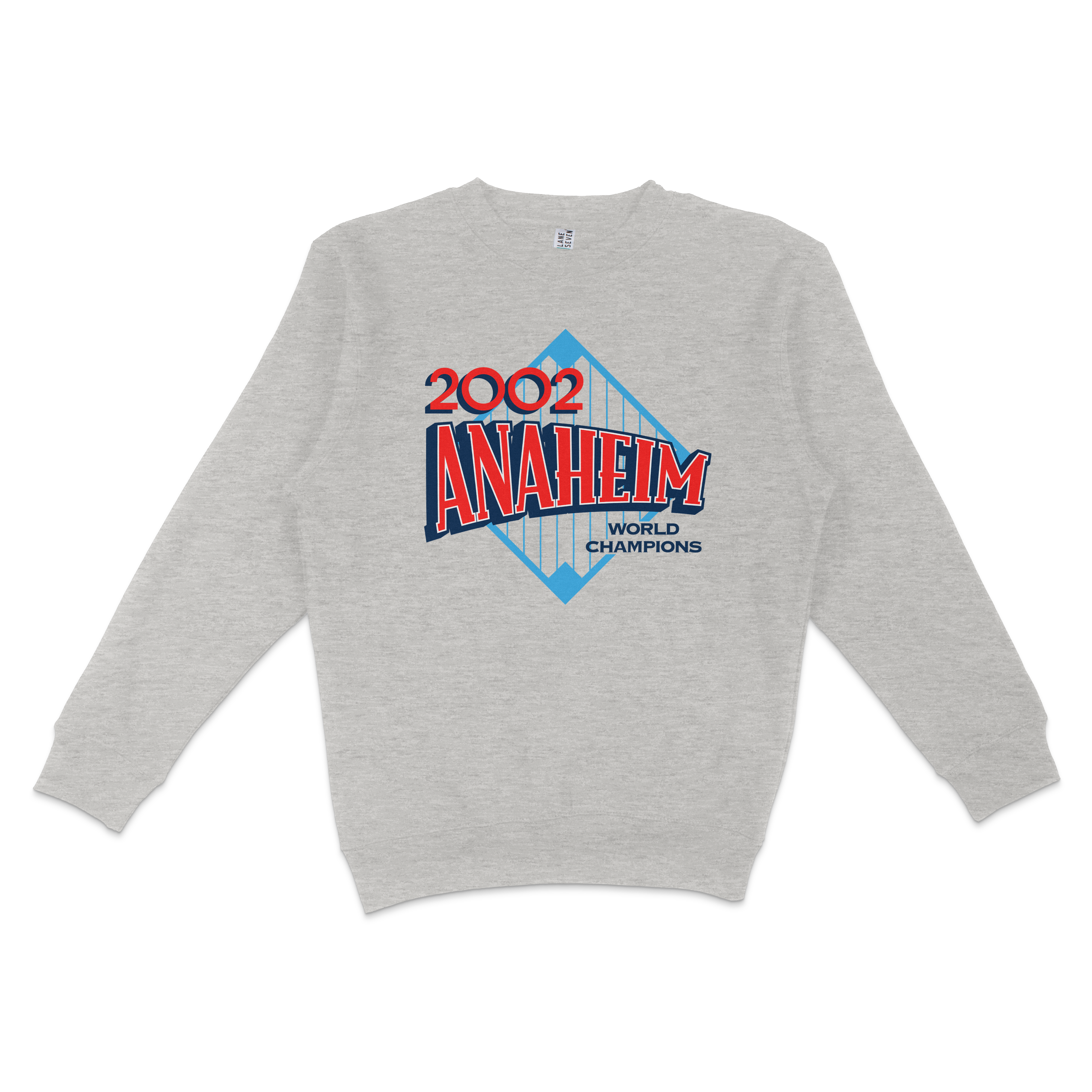 Gray crewneck sweatshirt featuring a vintage-style graphic celebrating the 2002 Anaheim World Champions, with bold red and blue text.
