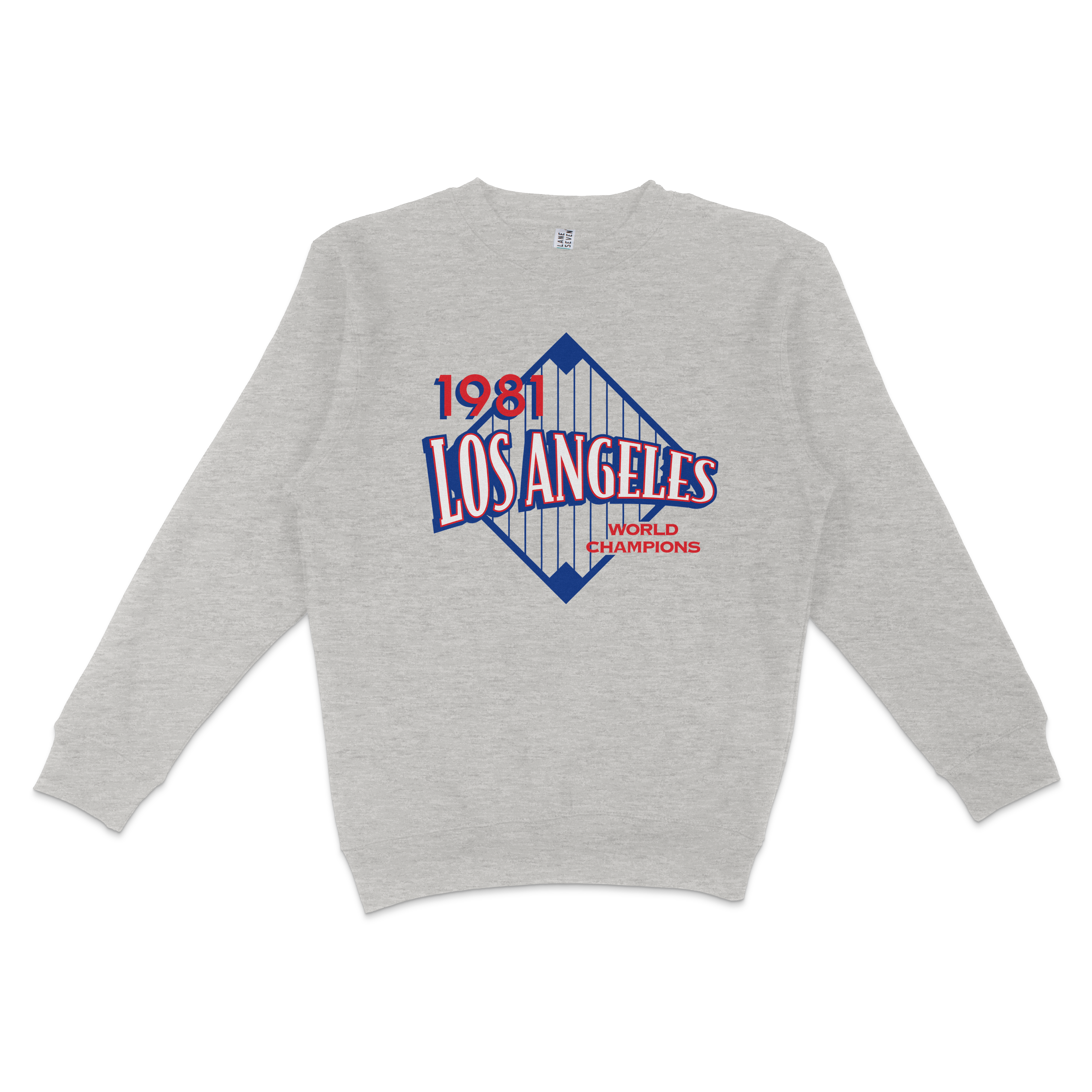 Gray crewneck sweatshirt featuring a vintage Los Angeles design with "1981" and "World Champions" text, and a graphic of a bridge.