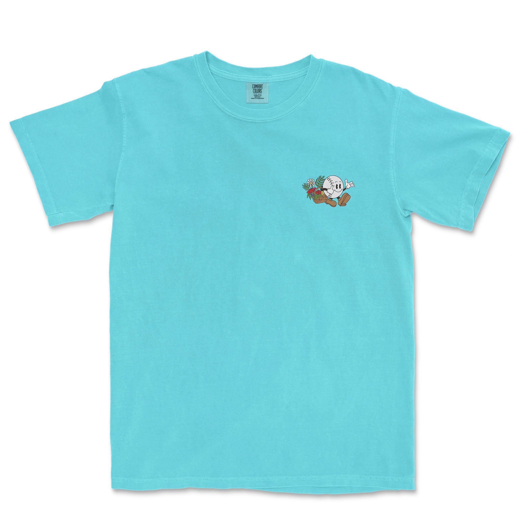 Comfort Colors teal tee featuring a small cartoon baseball girl holding a basket of flowers on the chest.