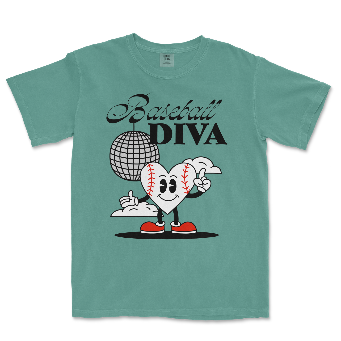 Comfort Colors teal T-shirt featuring a cartoon heart with baseball stitches, sneakers, and a smiling face, with "Baseball Diva" text and a disco ball graphic.