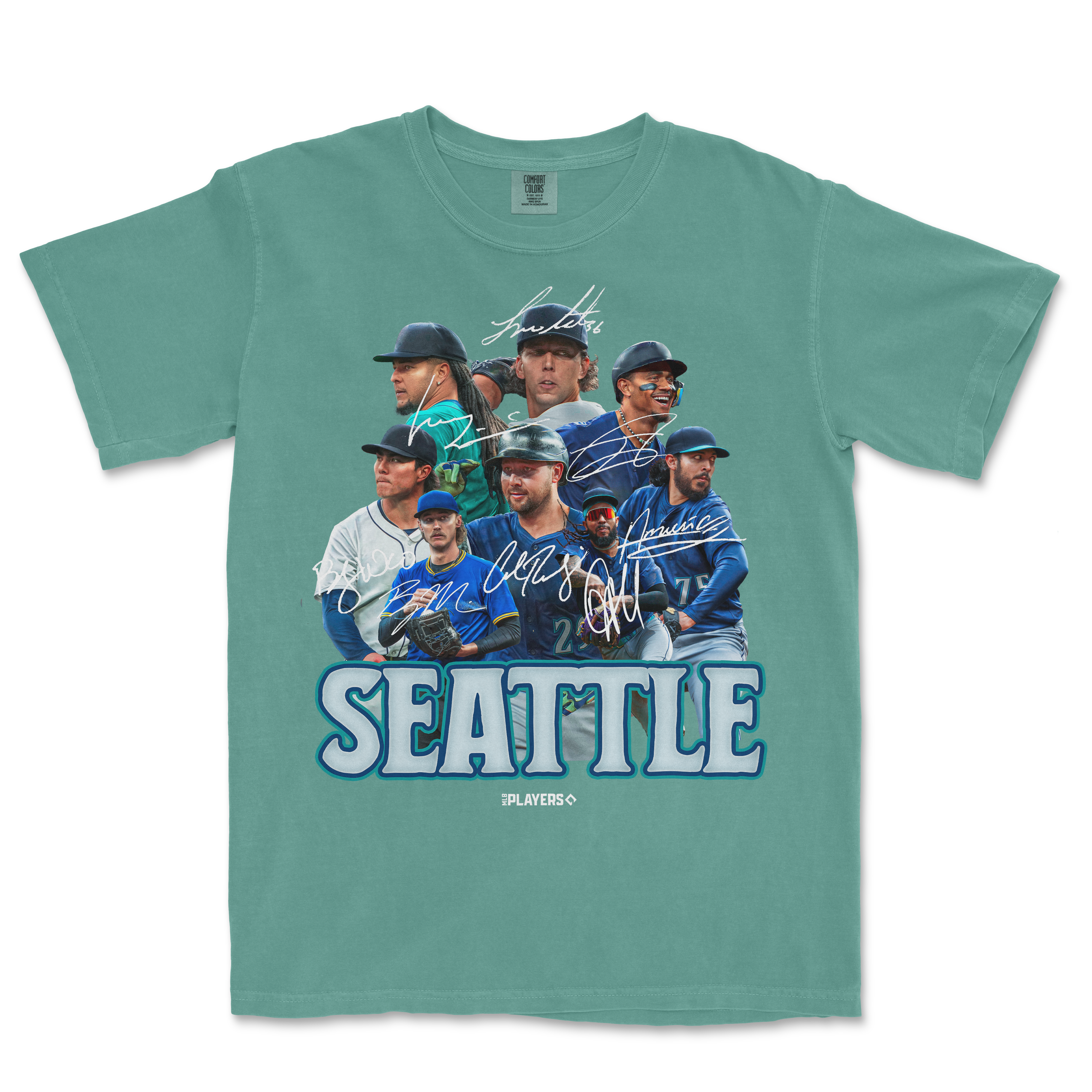T-shirt featuring the SEA Signature Series with images of Seattle Mariners players, autographs, and "SEATTLE" text.