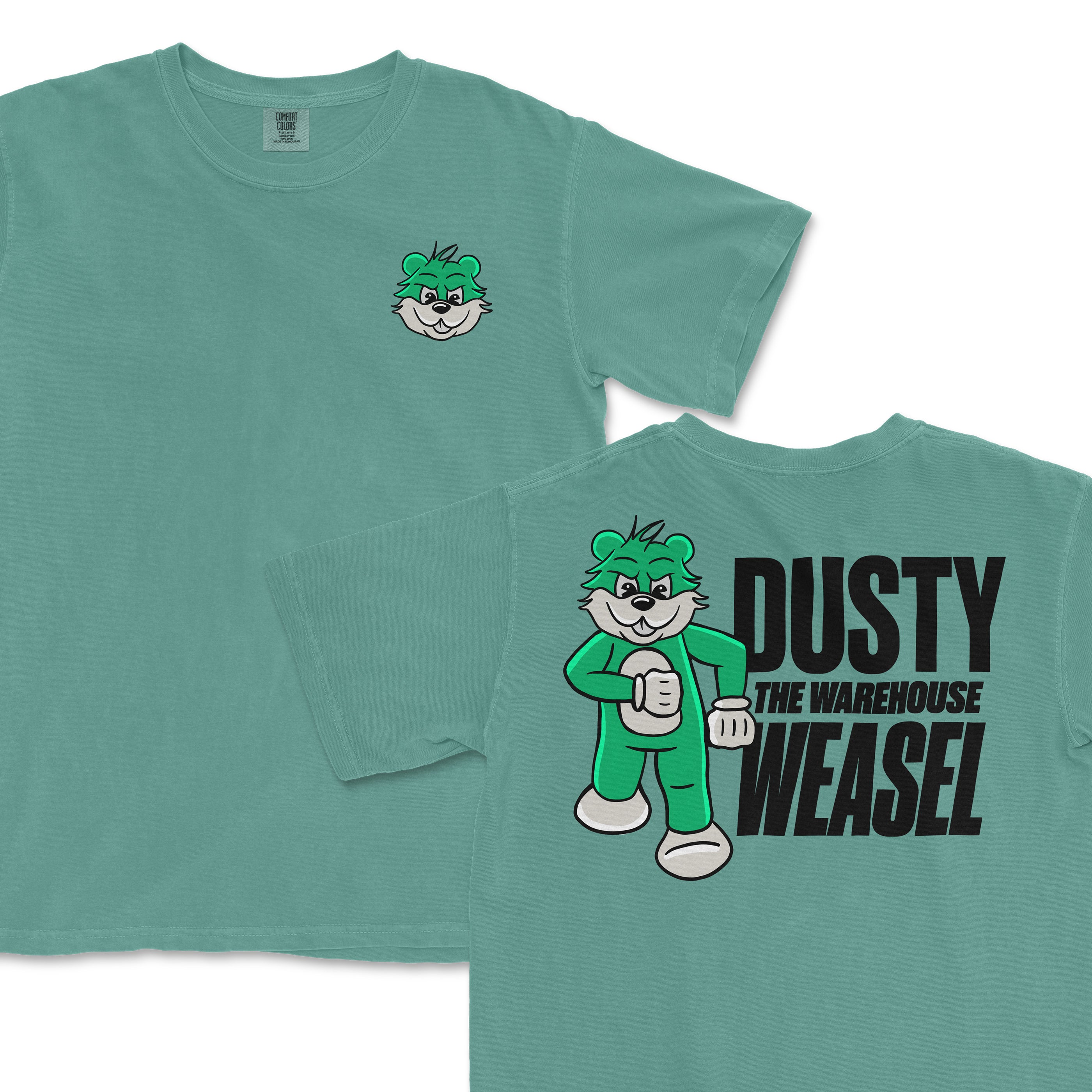 Comfort Colors teal T-shirt featuring Dusty the Warehouse Weasel mascot with a front small logo and a back graphic of Dusty in a jumpsuit with bold text.