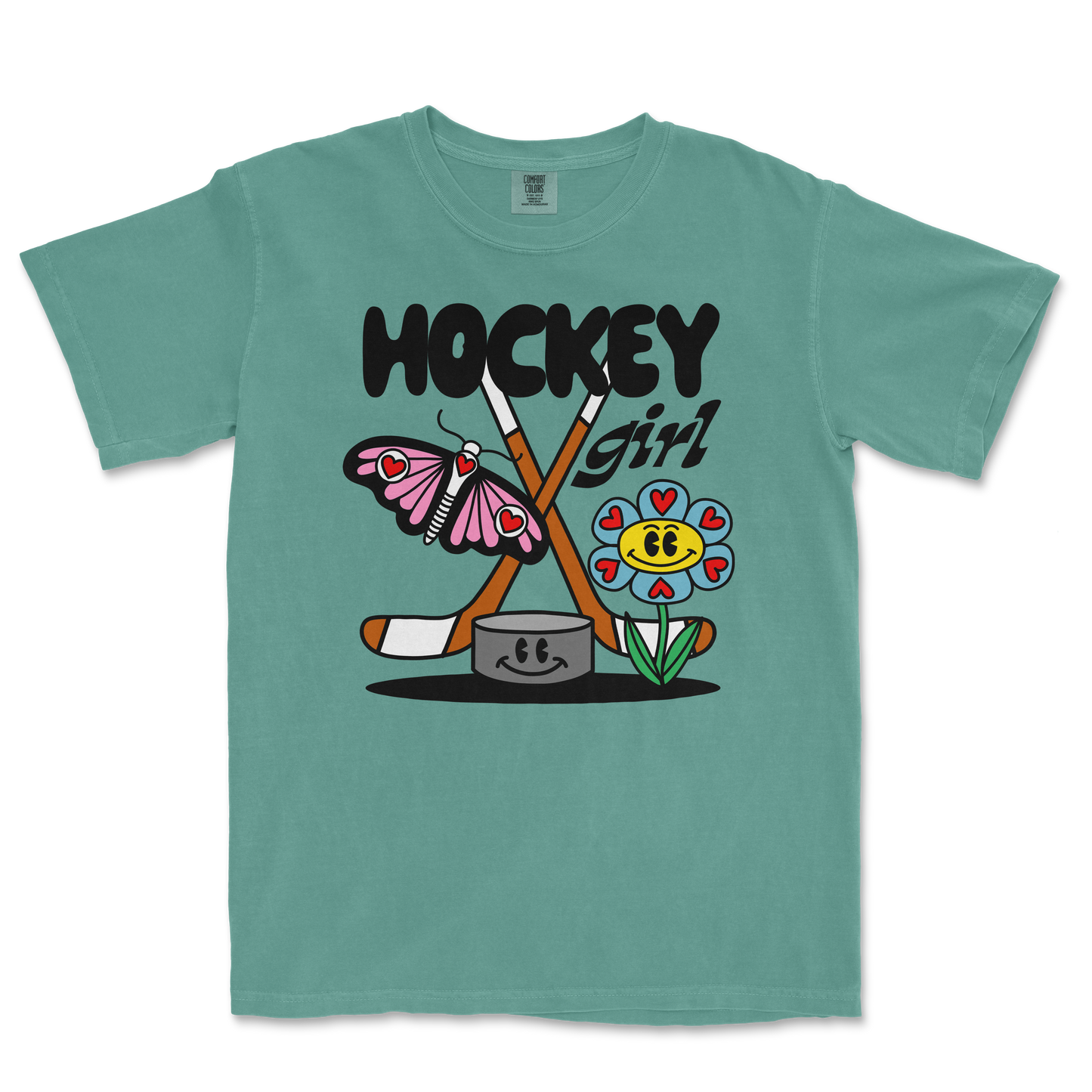 Comfort Colors teal t-shirt featuring a colorful graphic of a butterfly, flower, hockey sticks, and the text "Hockey Girl.