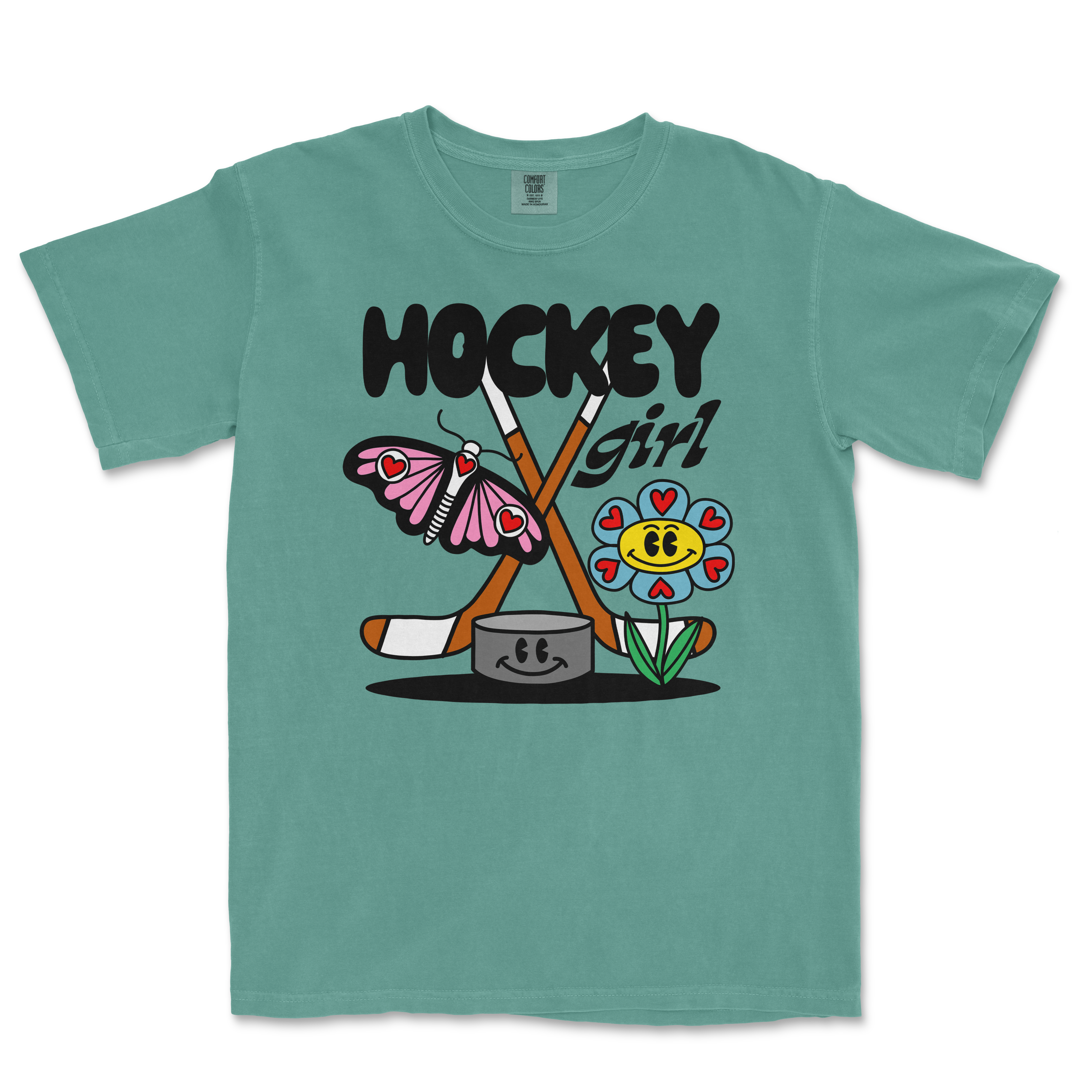 Comfort Colors teal t-shirt featuring a colorful graphic of a butterfly, flower, hockey sticks, and the text "Hockey Girl.