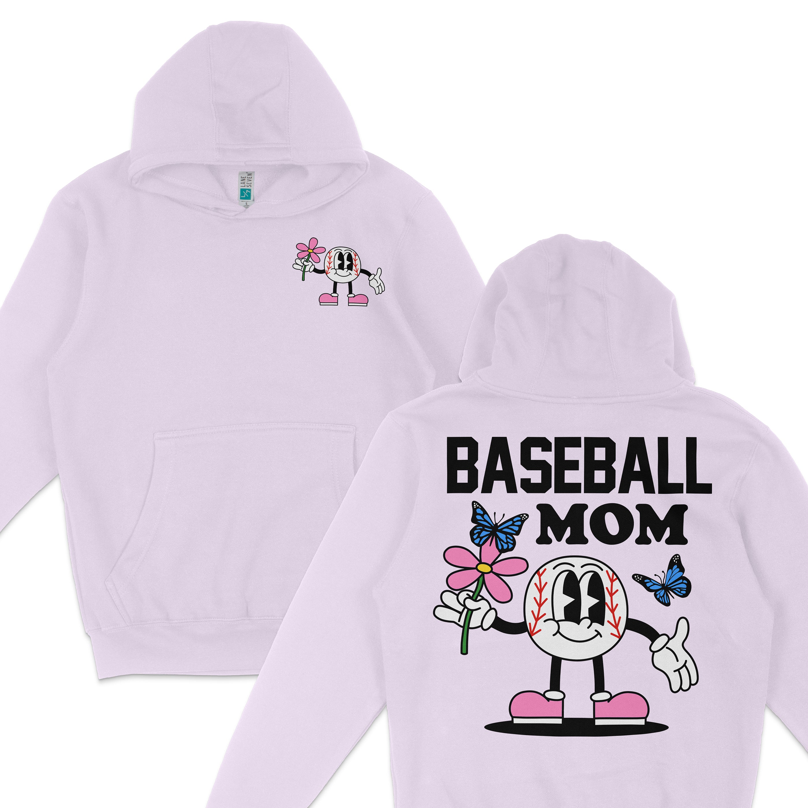 White hoodie with "Baseball Mom" text and cartoon baseball character holding a flower, surrounded by blue butterflies.