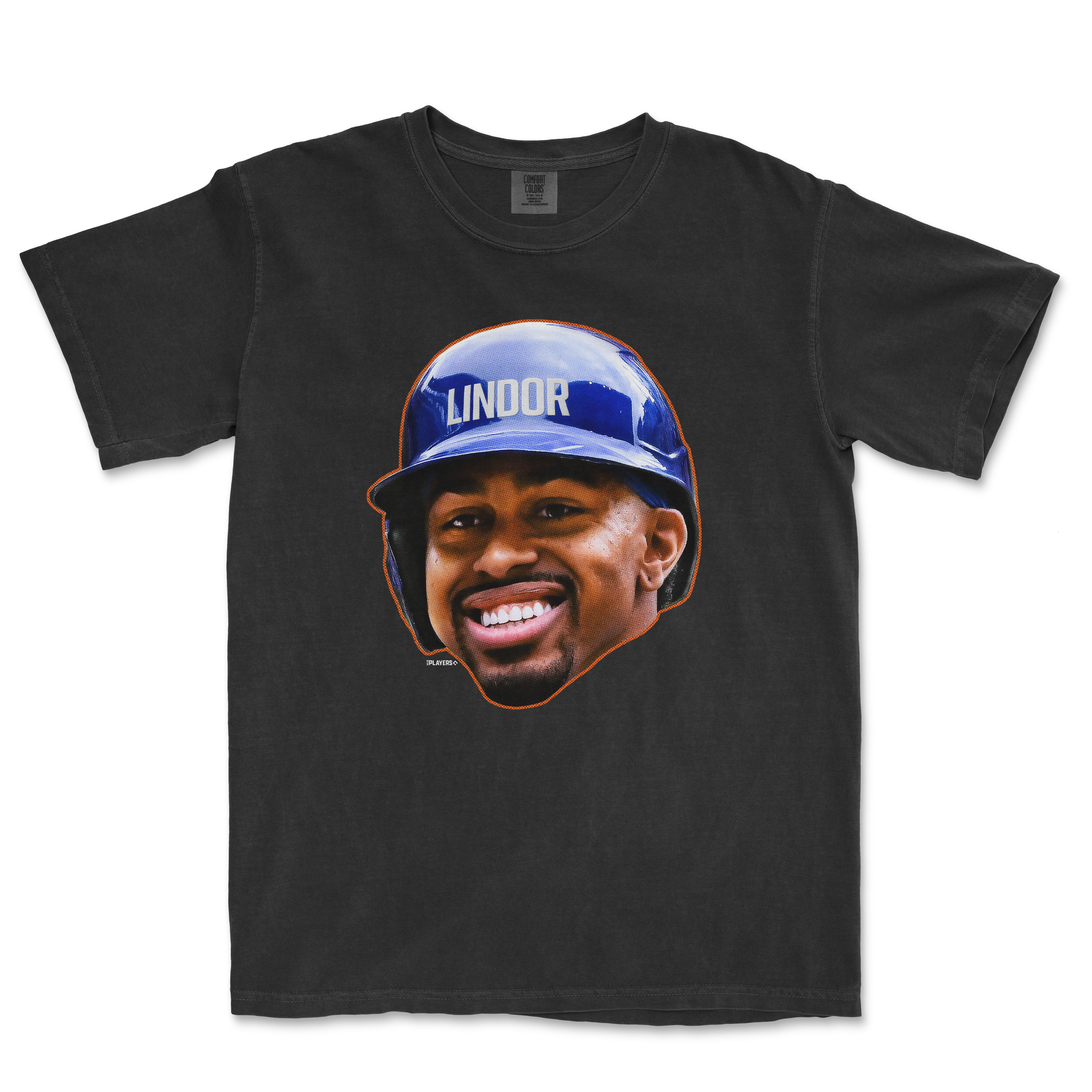 Black t-shirt featuring a graphic of Francisco Lindor smiling in a baseball helmet, part of the Head in the Game Series.