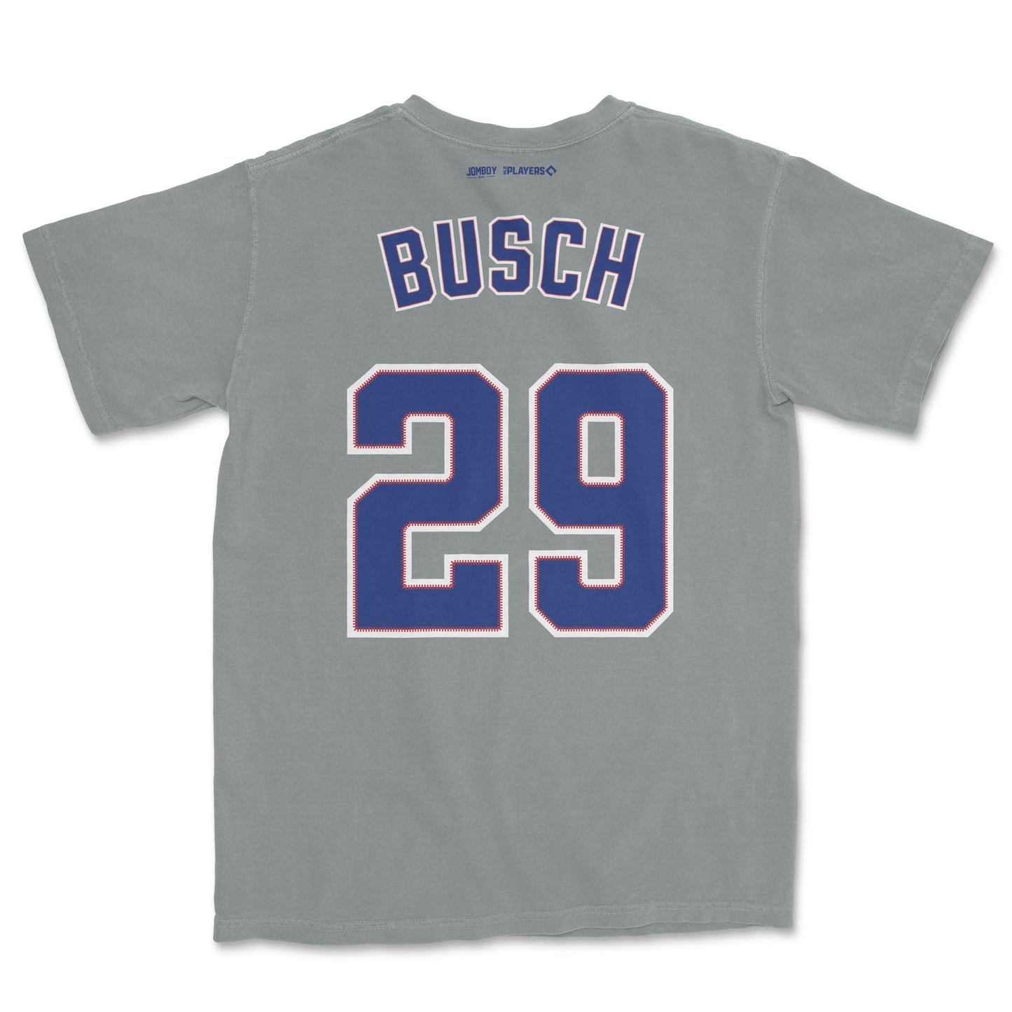 Gray Comfort Colors T-shirt featuring "Busch" and the number 29 in bold, navy blue with red and white accents, sports jersey style.