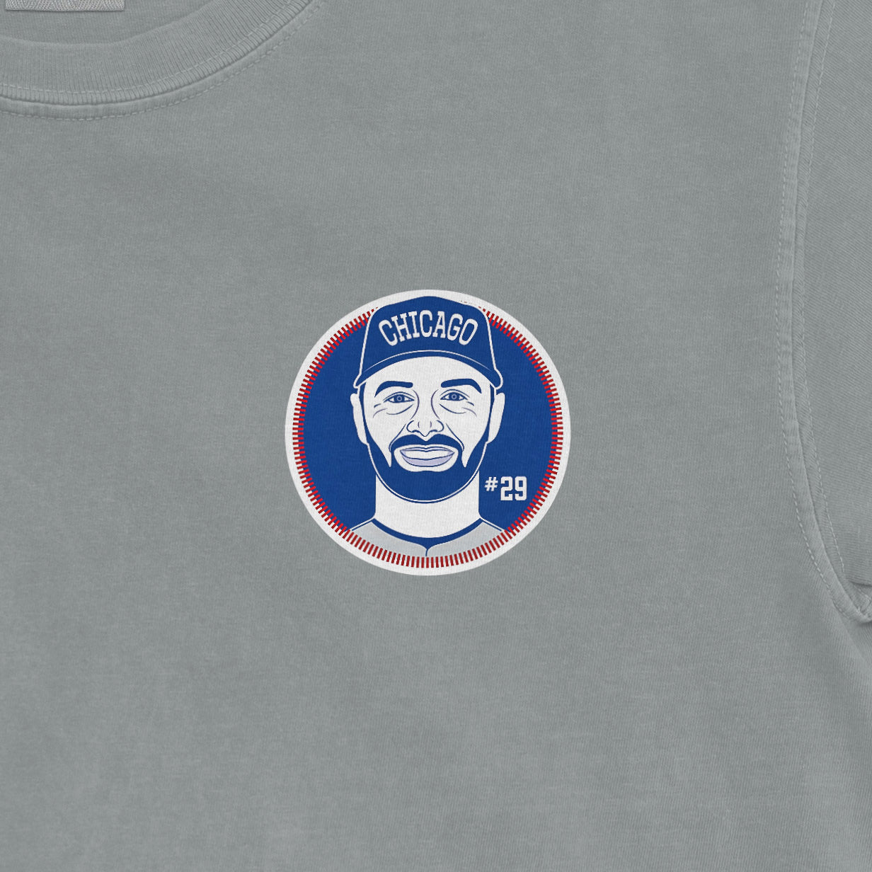 Comfort Colors tee featuring a Michael Busch "Chicago" graphic with a smiling man's face, cap, and "#29" on a gray shirt.