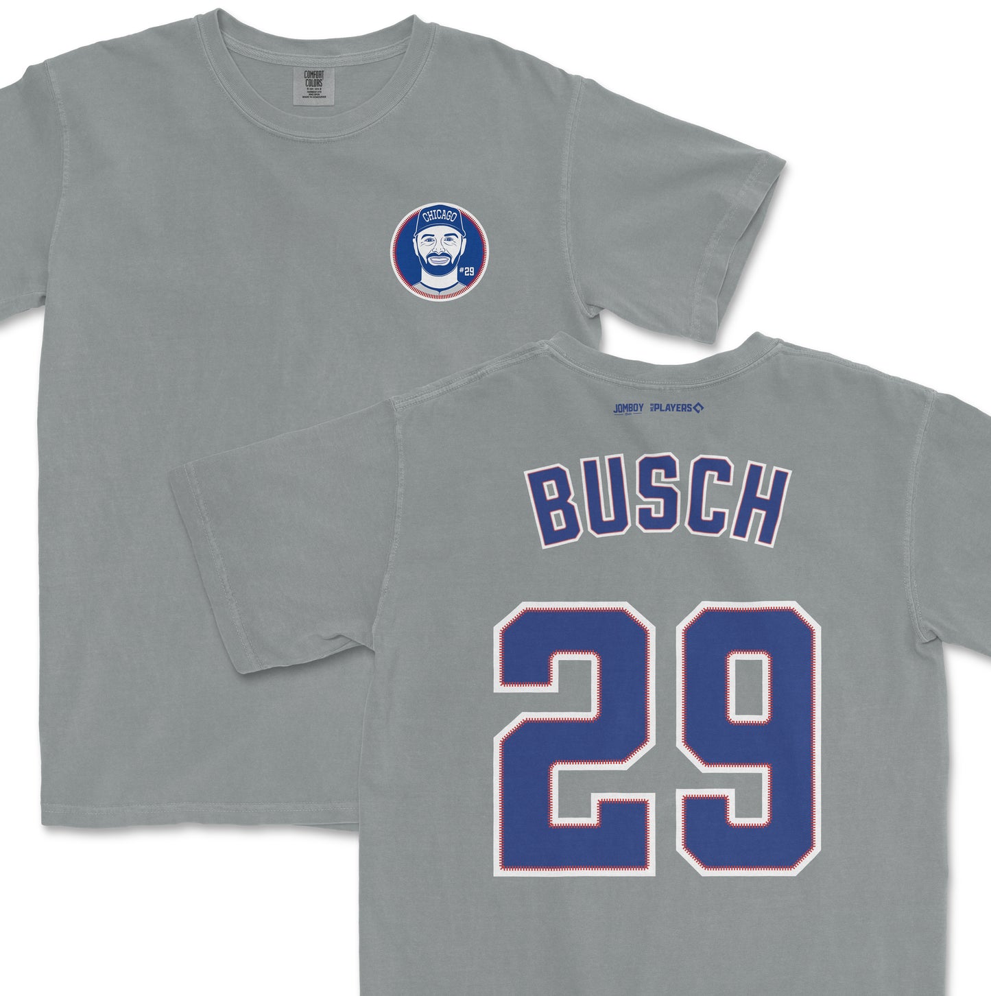 Gray Comfort Colors T-shirt featuring a Chicago-themed graphic with a smiling man's face on the front and "BUSCH 29" on the back.