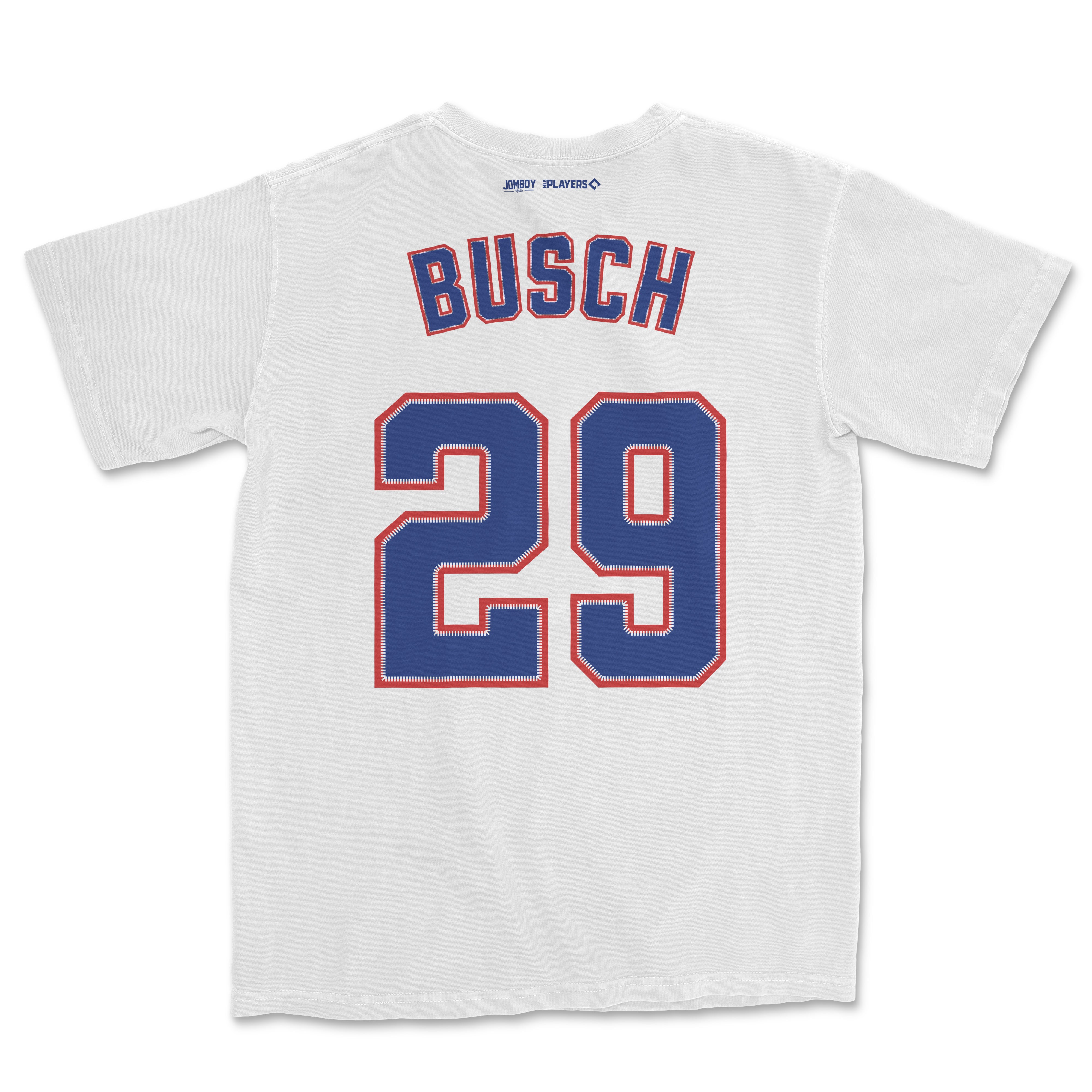 White Comfort Colors tee featuring "Busch" and the number 29 in blue with red and white outline, inspired by Michael Busch.