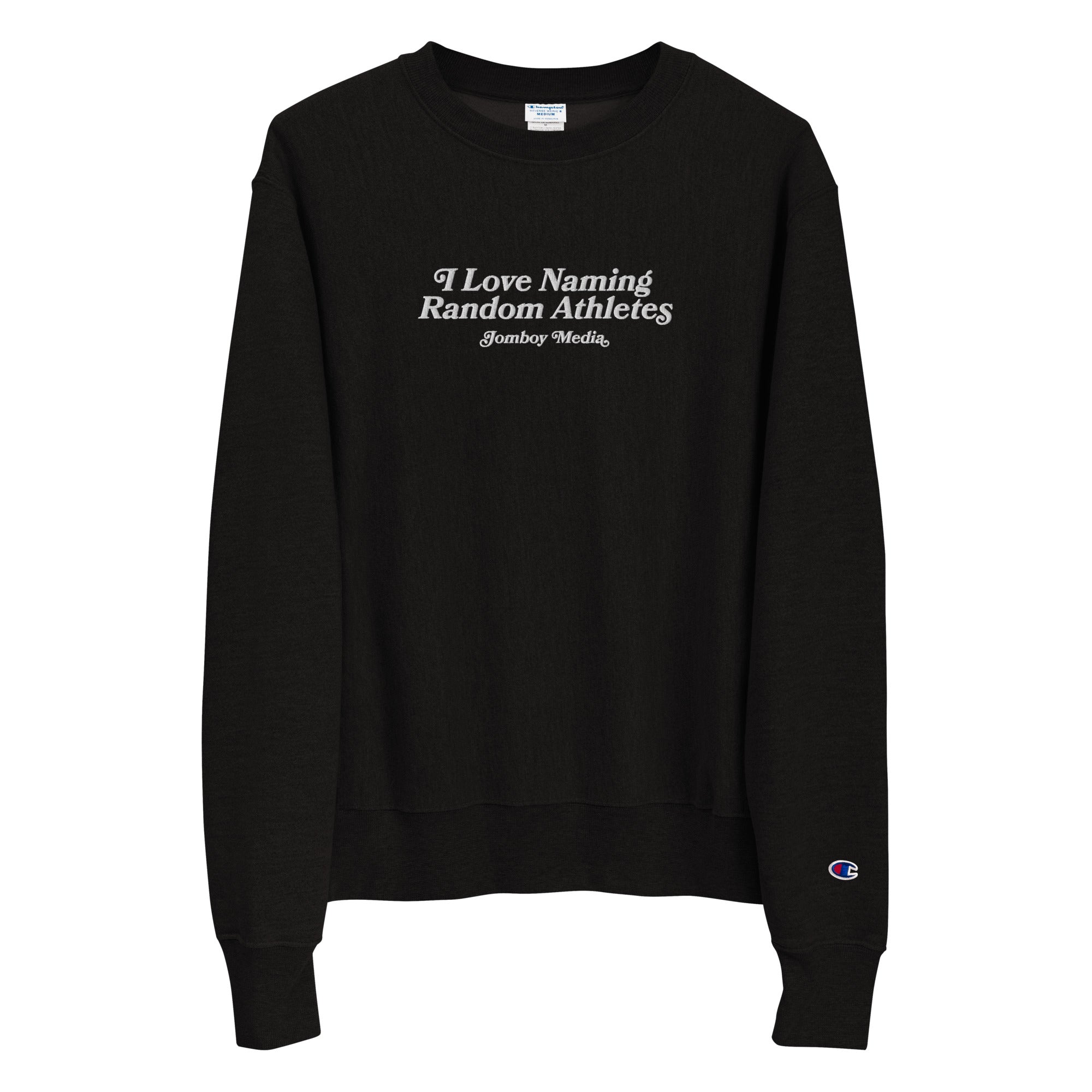 Black embroidered heavy-duty crewneck sweatshirt with white text reading "I Love Naming Random Athletes" and "Jomboy Media.