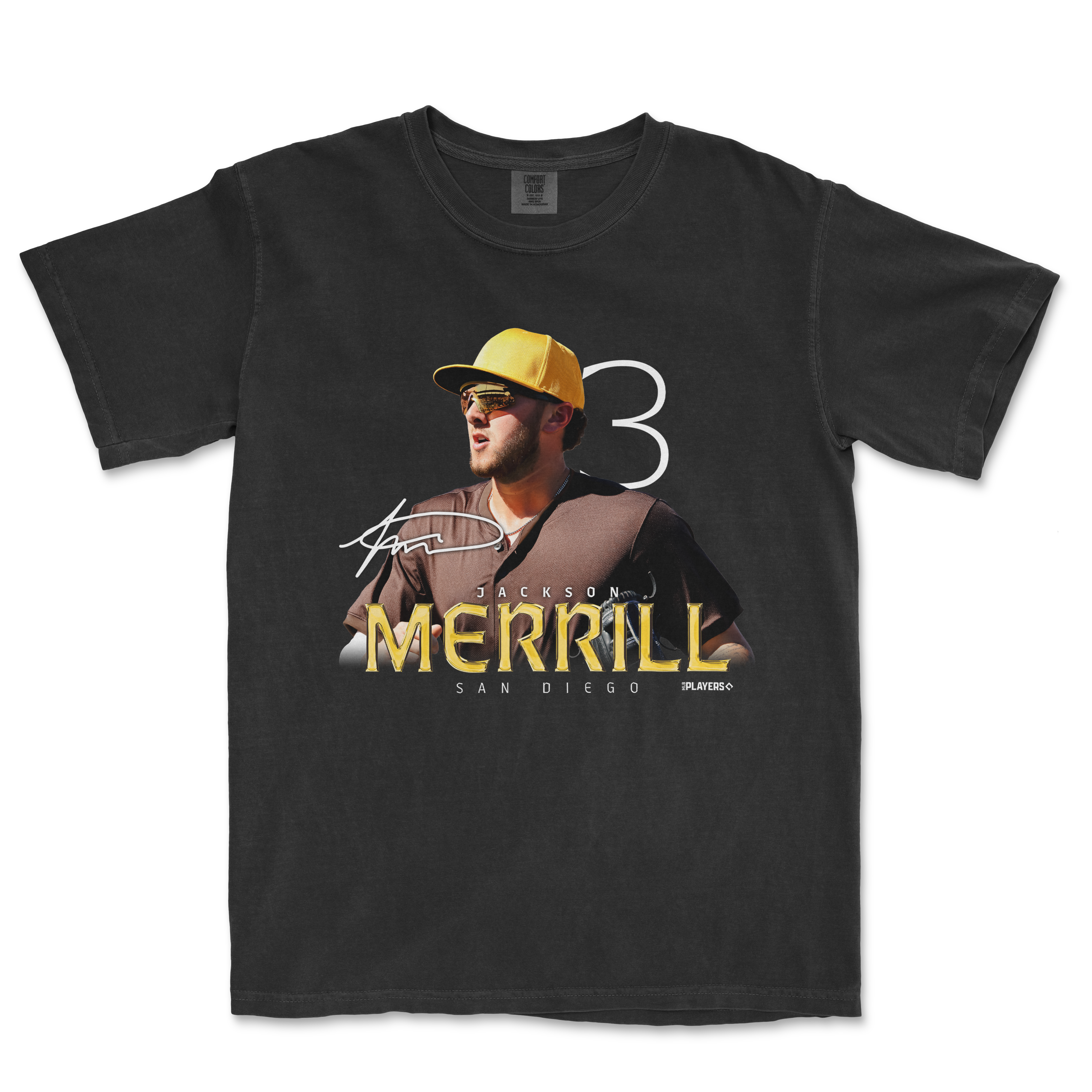 Jackson Merrill Breakout Series t-shirt featuring a graphic of Merrill in a San Diego uniform with his signature.