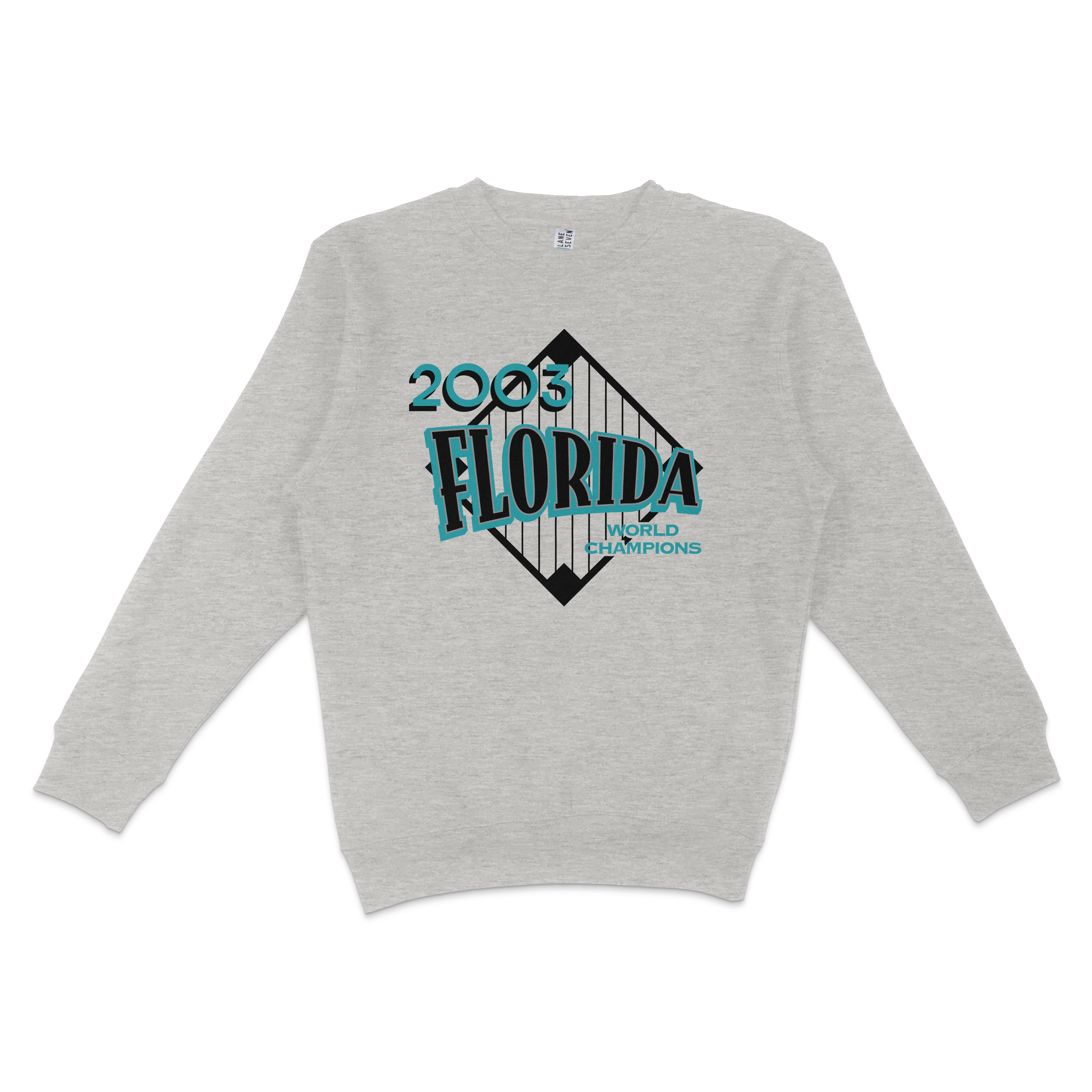 Gray crewneck sweatshirt featuring a vintage Florida 2003 World Champions graphic design with bold text and geometric elements.