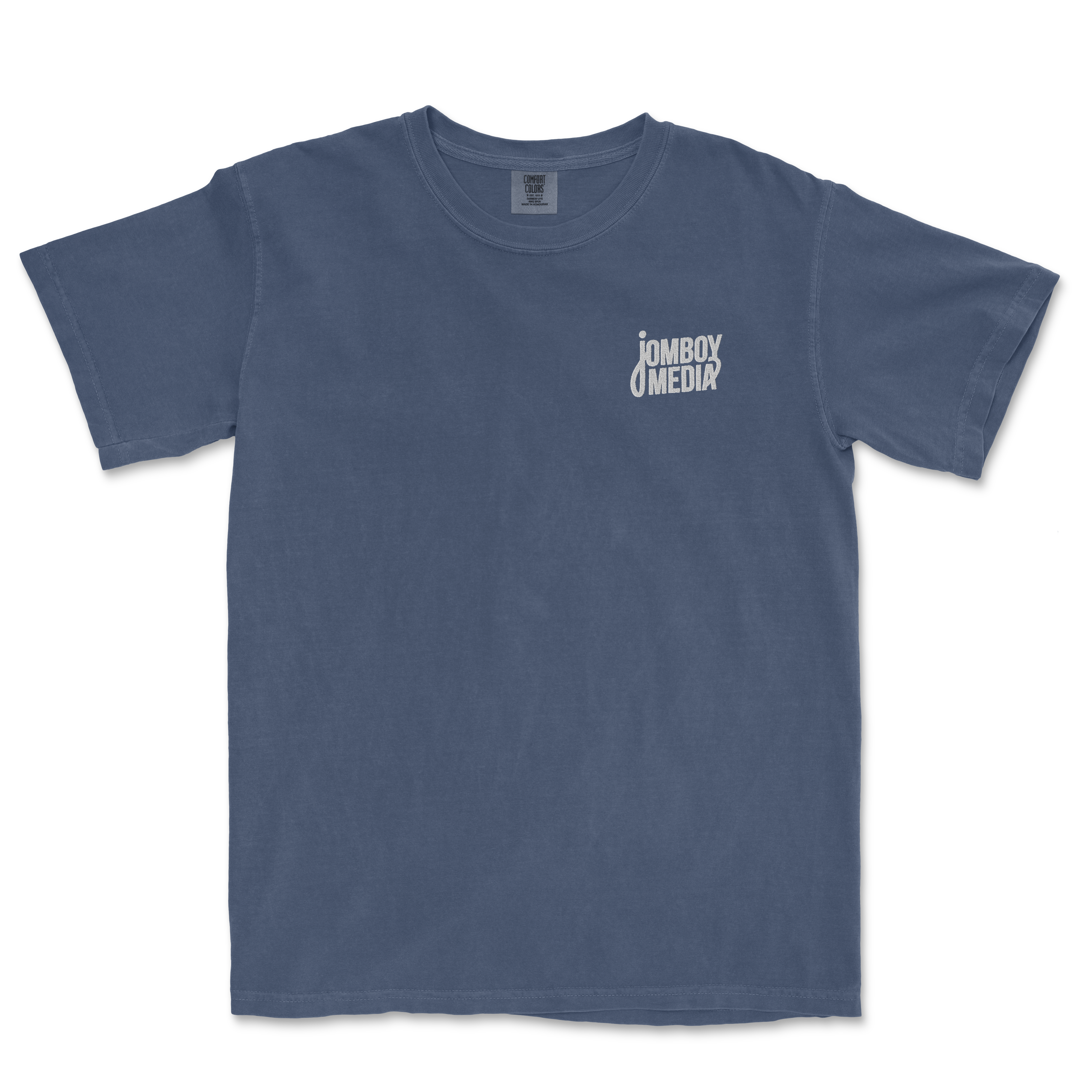 Navy blue JM Essentials '25 Embroidered Tee featuring Jomboy Media logo on the left chest. Comfortable and stylish for fans.