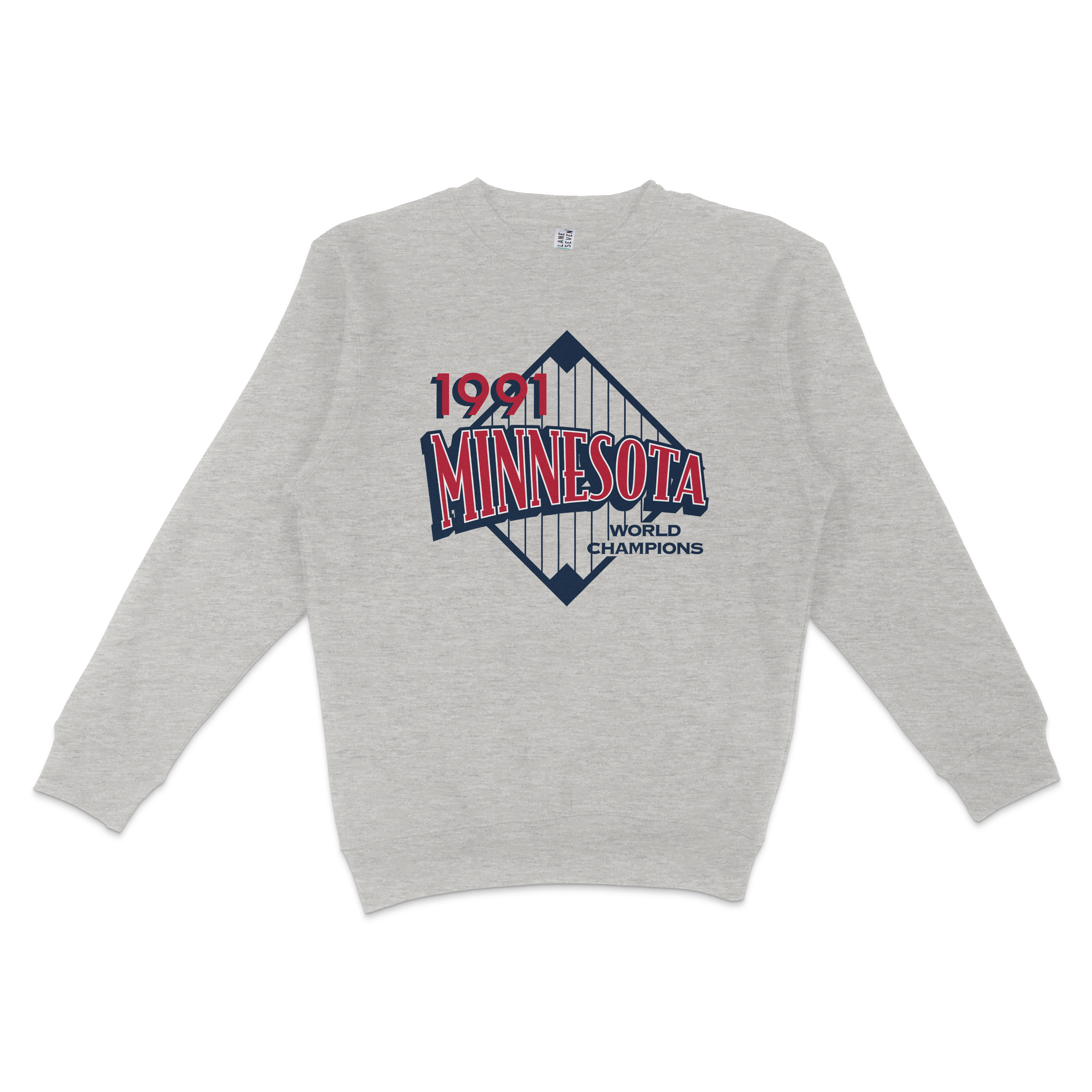 Gray crewneck sweatshirt featuring a Minnesota Vikings 1991 World Champions logo with a stylized bridge graphic.