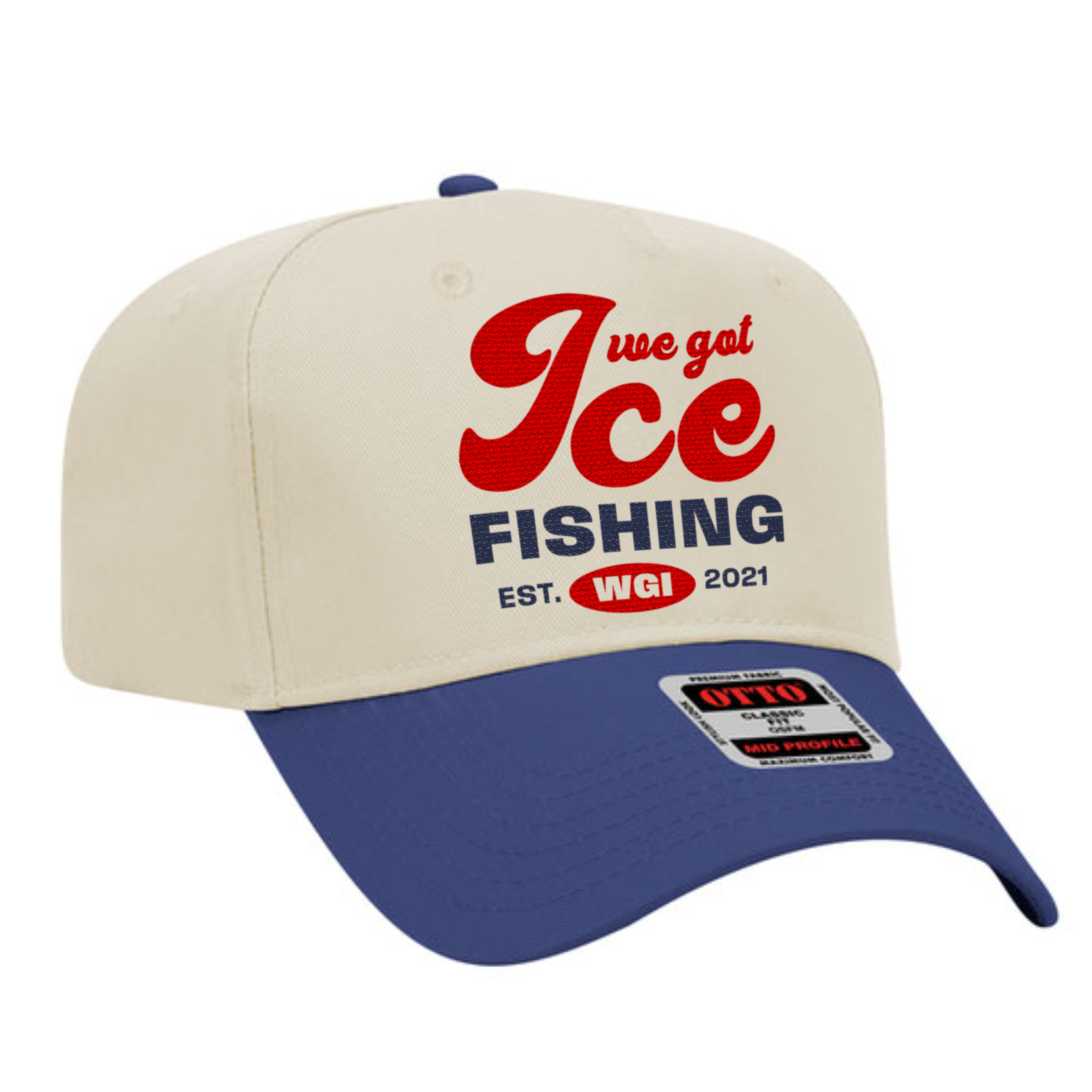 Cap with "We Got Ice Fishing" text, featuring a beige crown, blue brim, and red, white, and navy blue lettering.