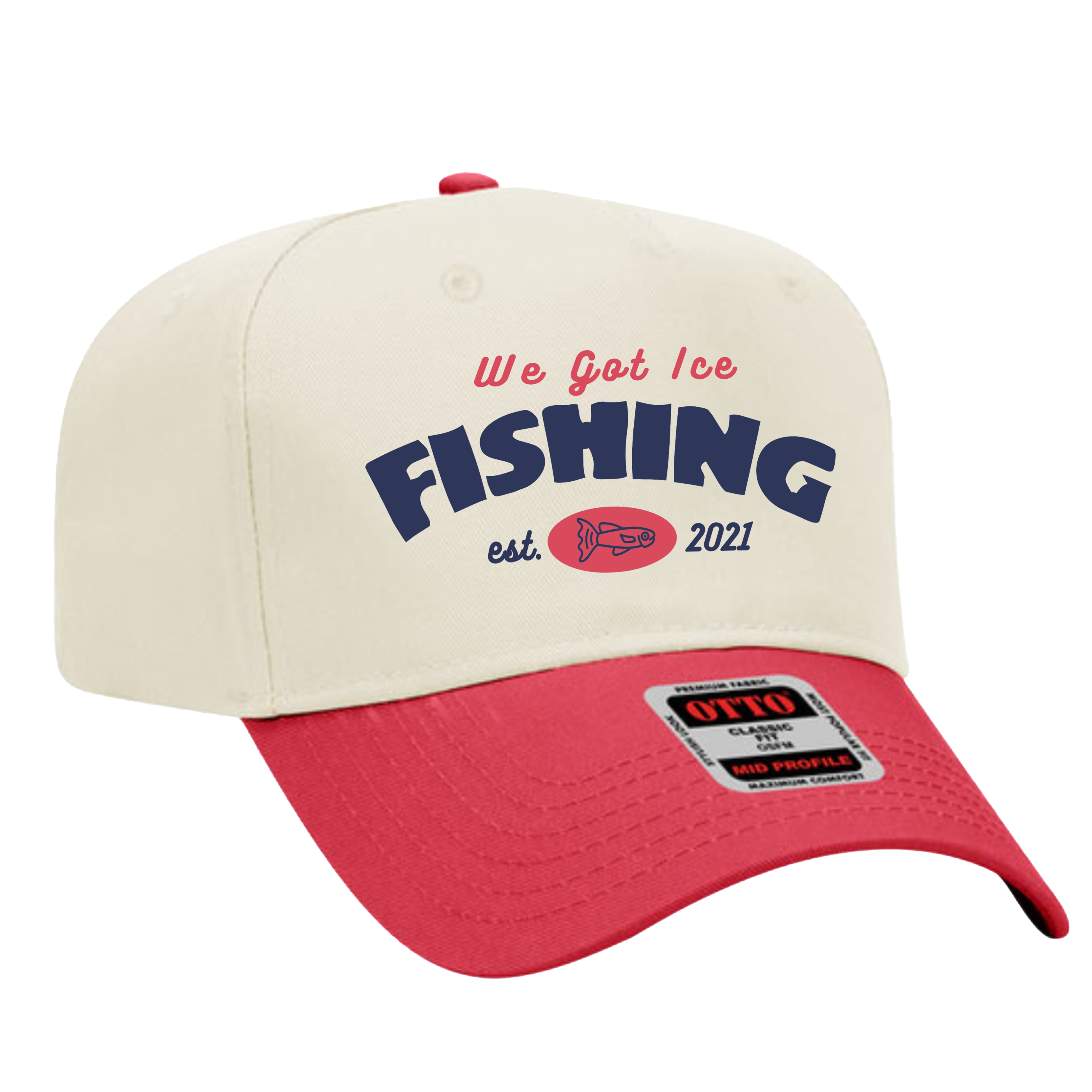 White and red trucker hat with "We Got Ice Fishing" text, a fish graphic, and "est. 2021" printed on the front.