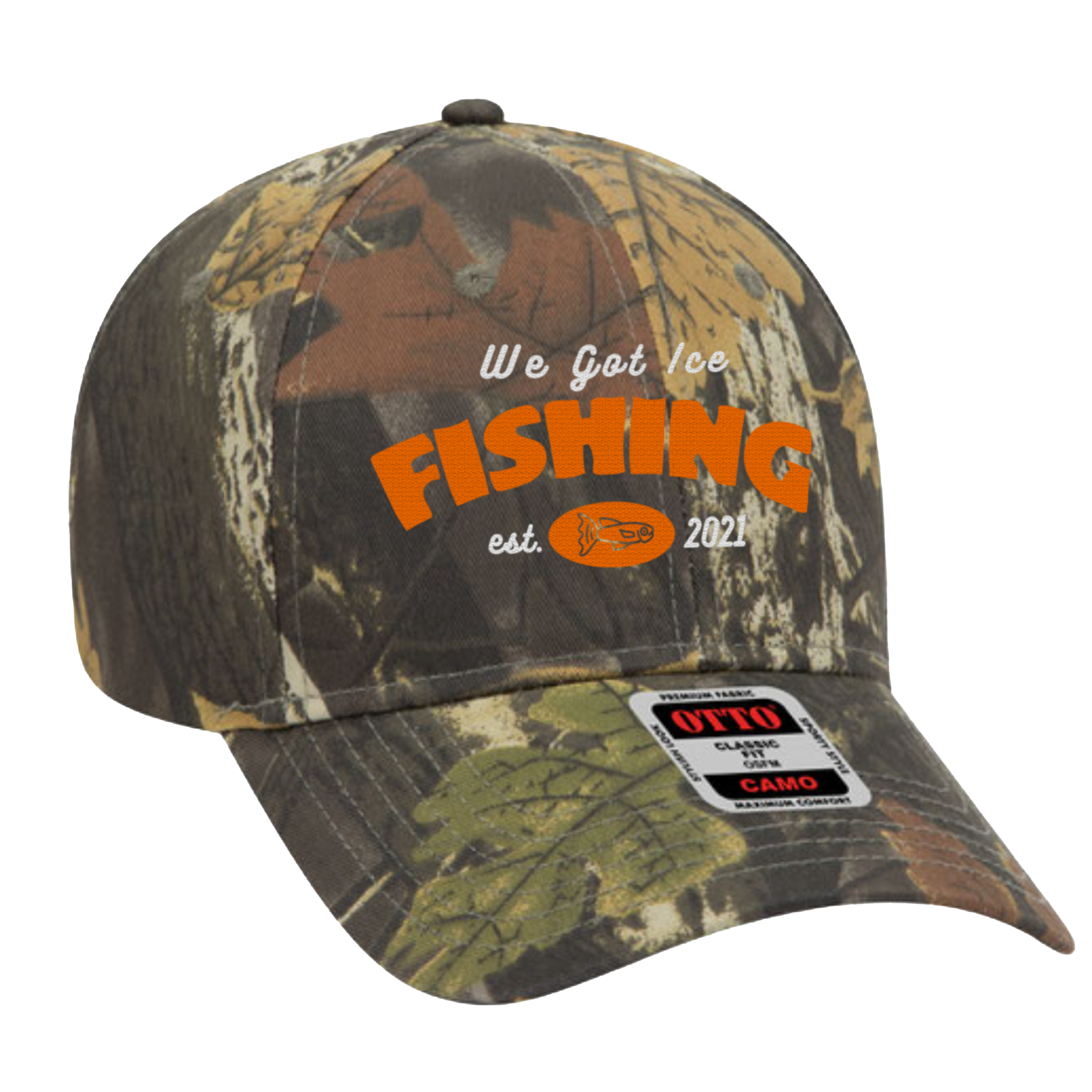 Camouflage baseball cap with "We Got Ice Fishing" text, a fish graphic, and "est. 2021" printed on the front.