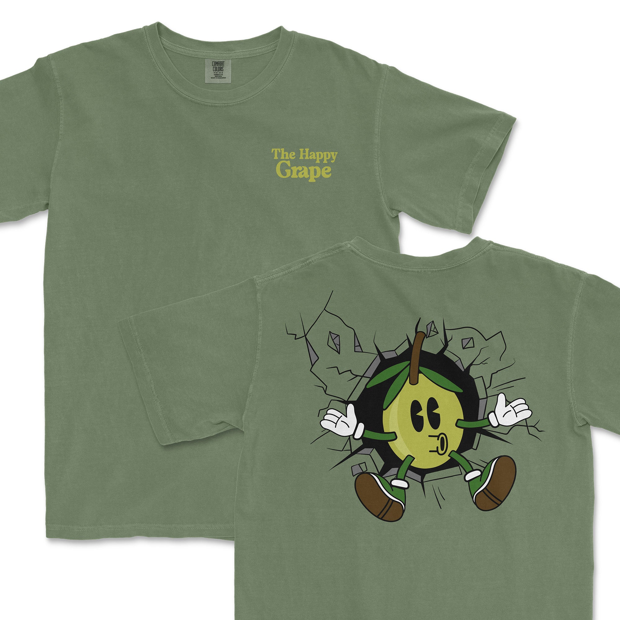Olive green t-shirt featuring a playful olive character breaking through a wall, with "The Happy Grape" text on the front.