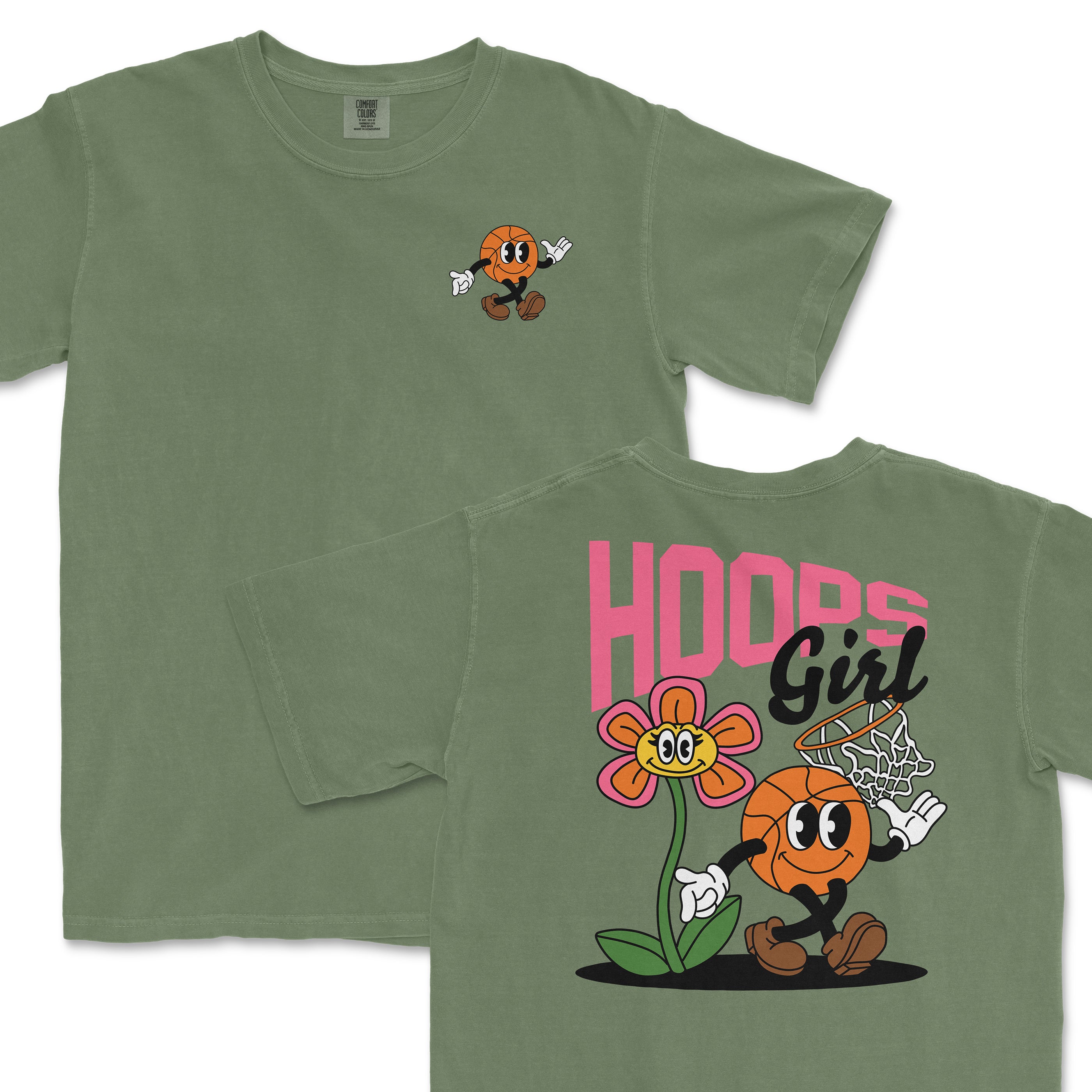 Green Comfort Colors tee featuring a cartoon basketball character with hoops and the text "Hoops Girl" on the back.