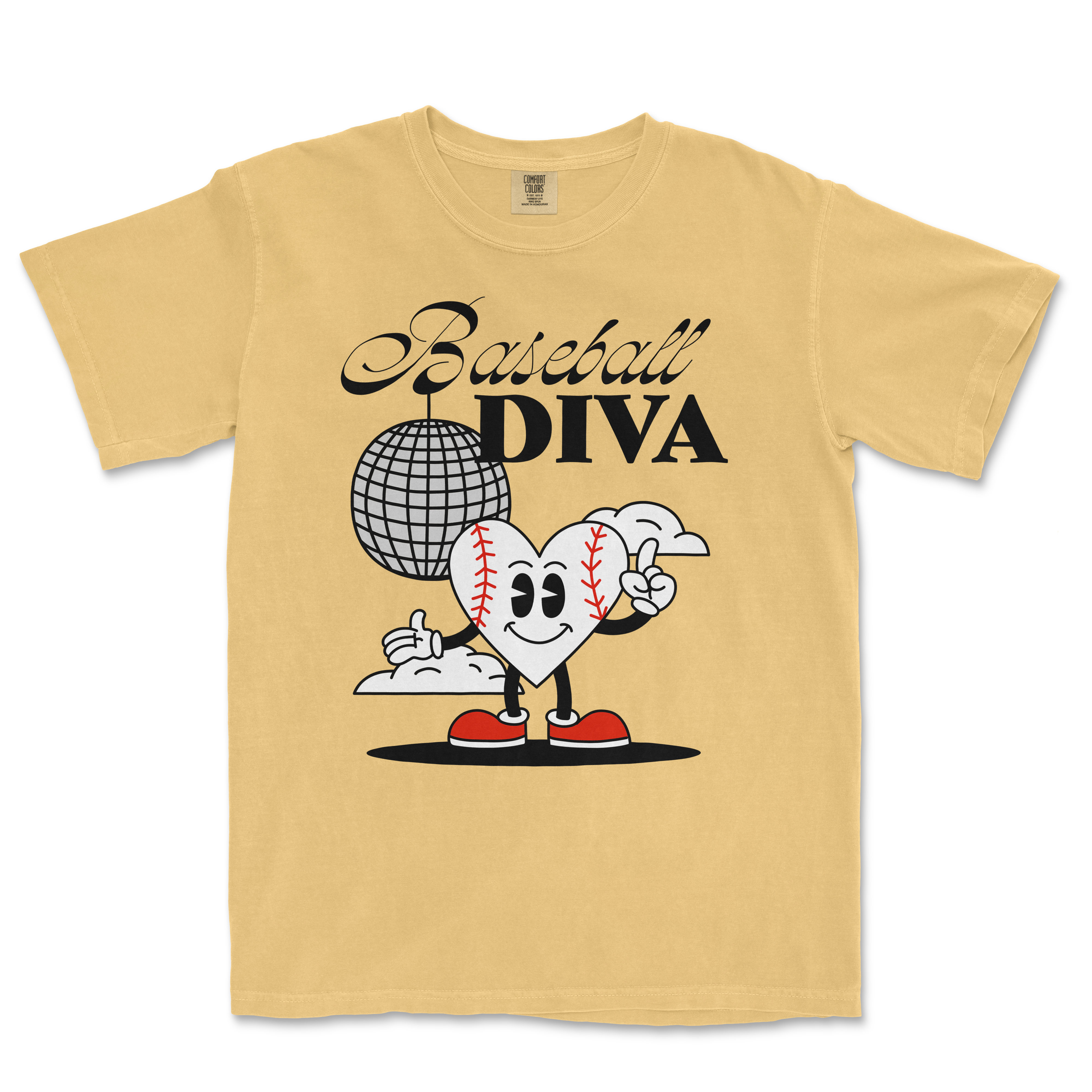 Beige Comfort Colors T-shirt featuring a cartoon heart with baseball stitches, red shoes, and a finger gun, with "Baseball Diva" text.